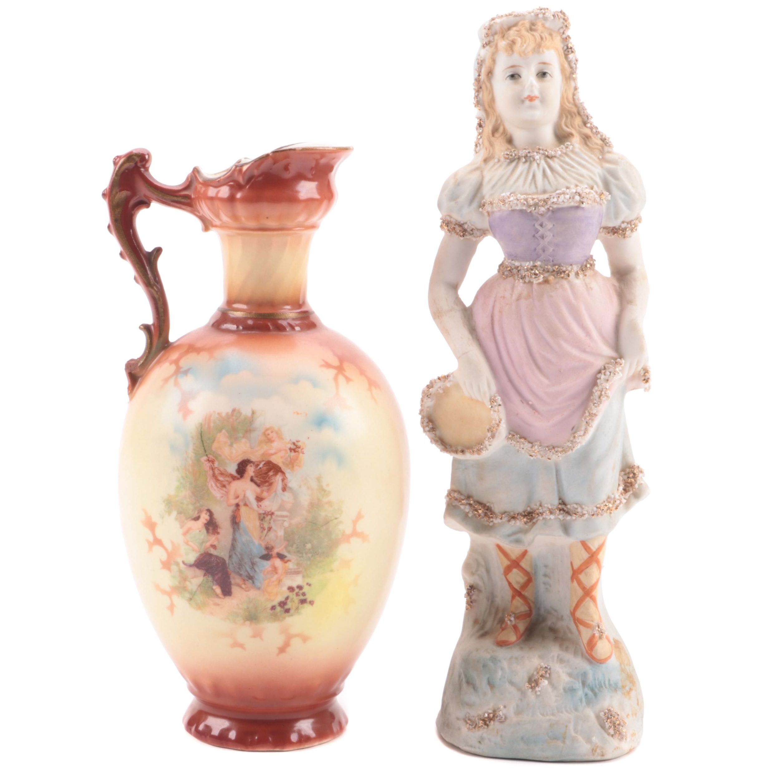 Czechoslovakian Ceramic Ewer Pitcher with Victorian Bisque Figurine