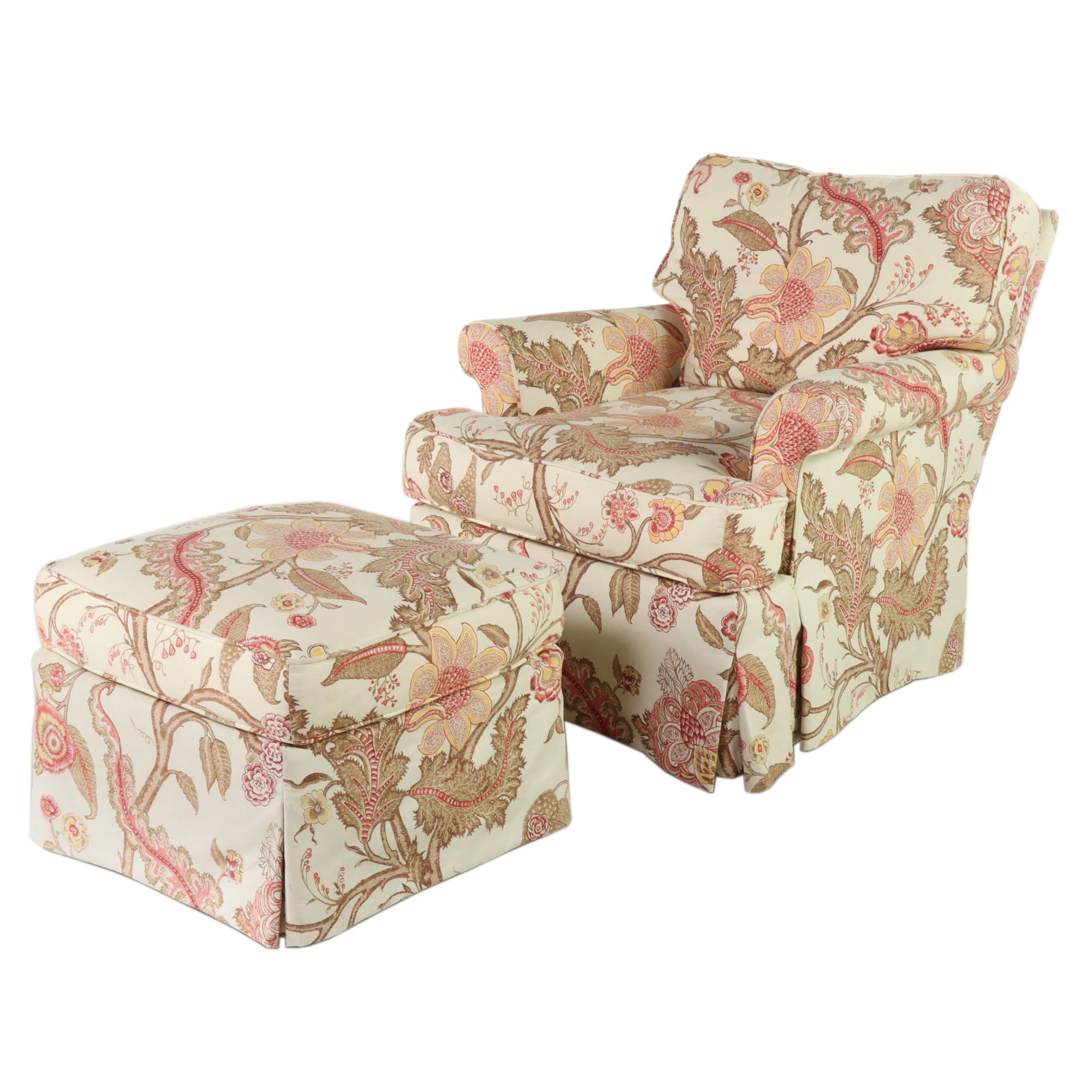 Lee Industries Custom-Upholstered Roll-Arm Armchair and Ottoman