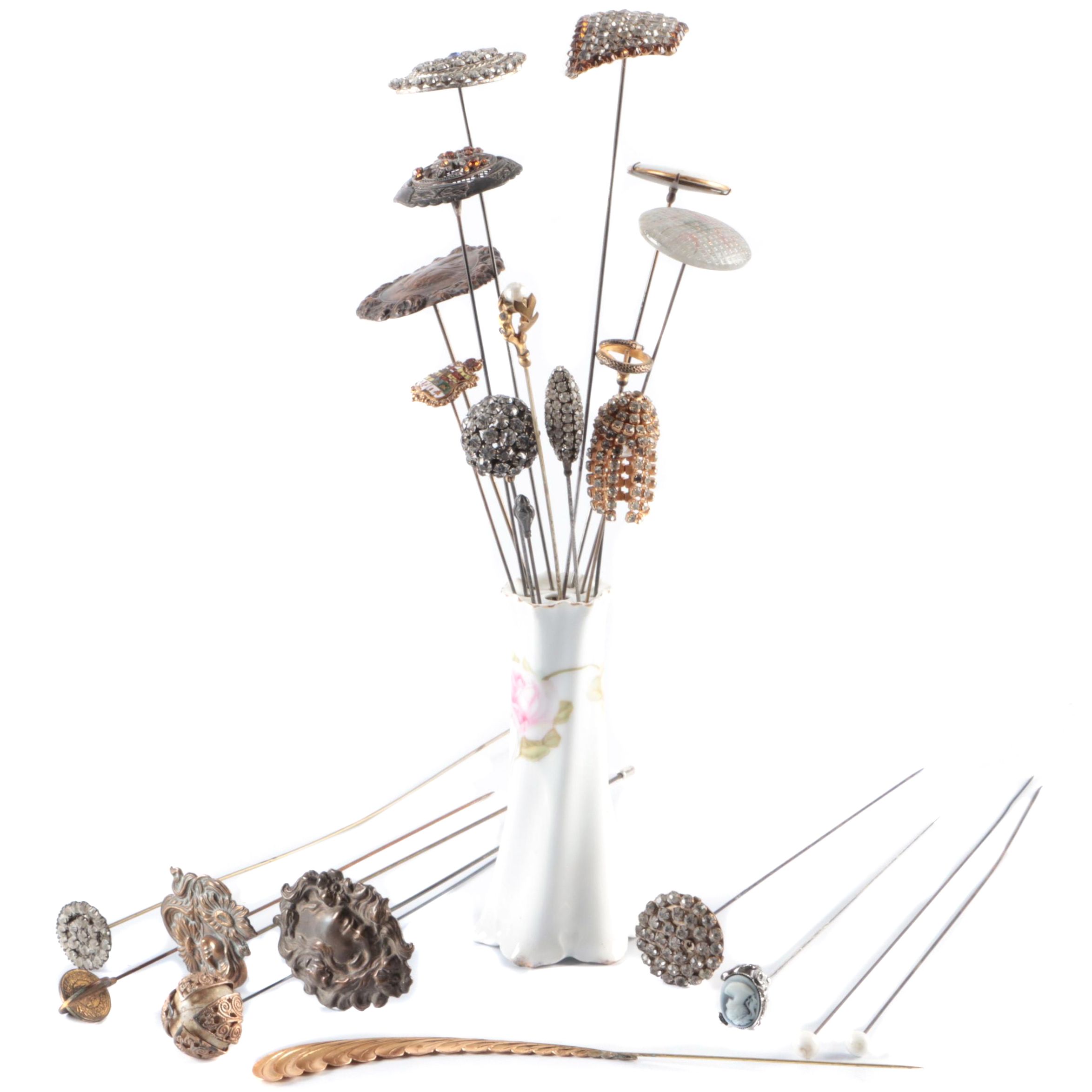 Rhinestone Embellished and More Hat Pins with German Porcelain Hat Pin Holder