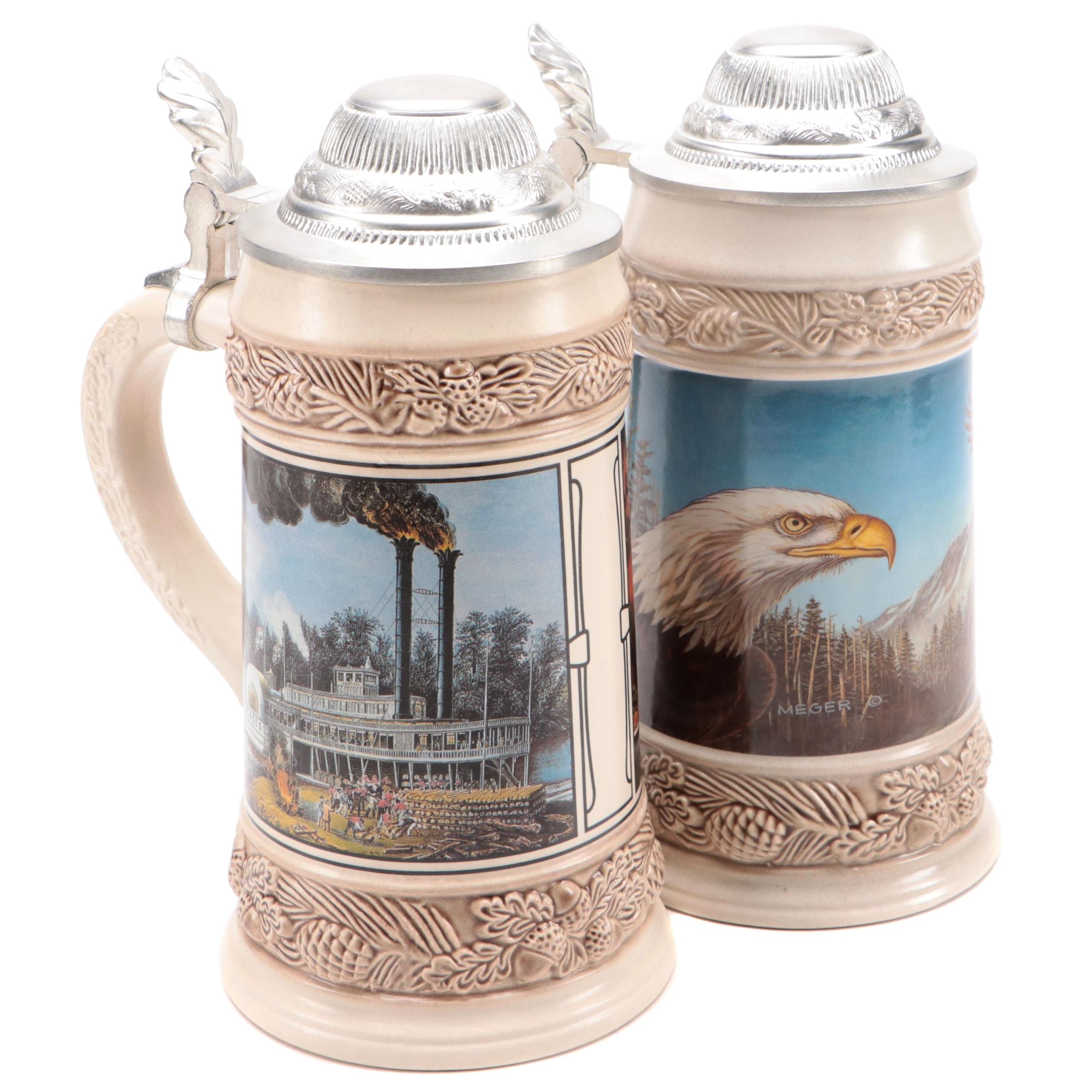 Gerz Bald Eagle and Steamboat Motif Ceramic Steins