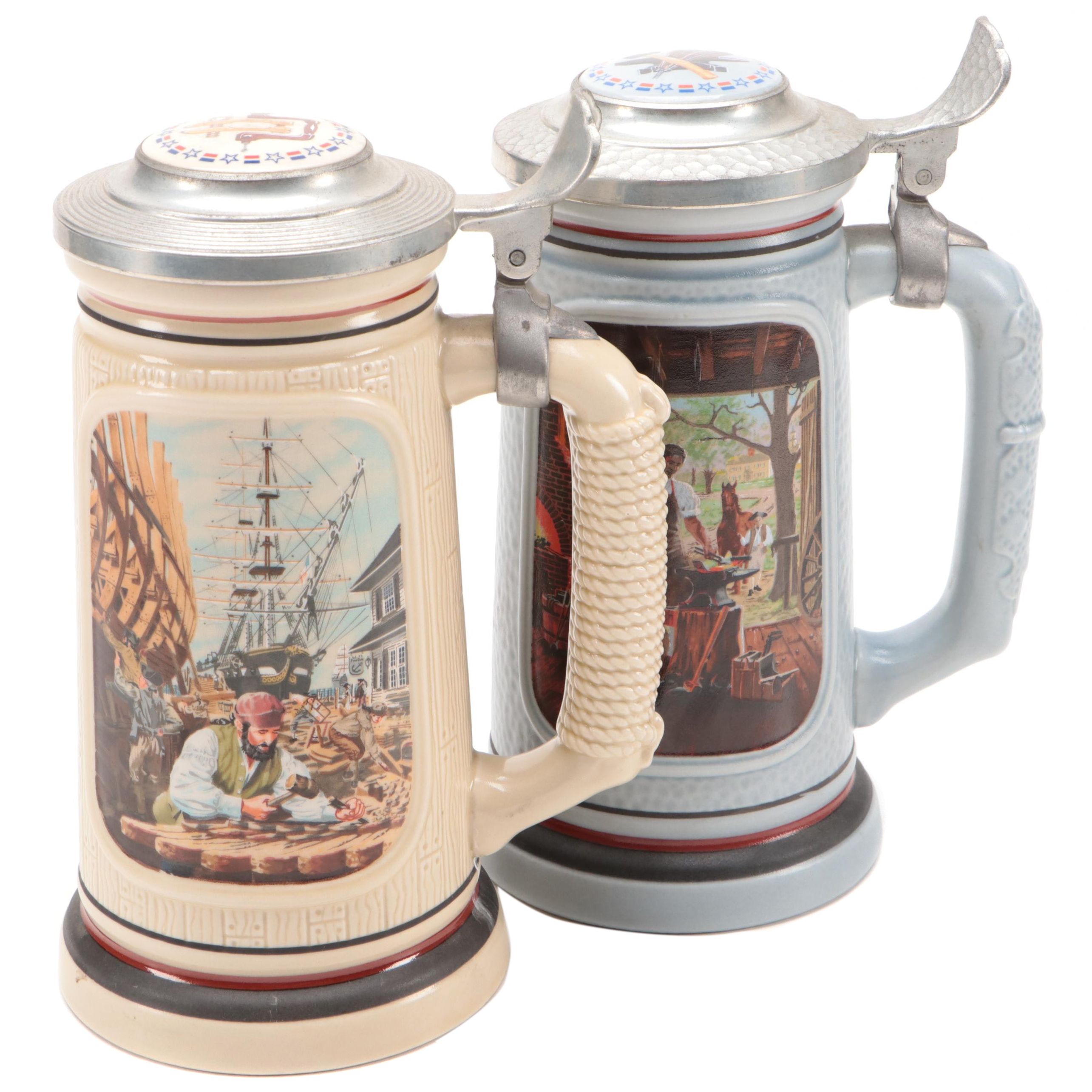 Avon "The Blacksmith" and "The Shipbuilder" Ceramic Steins, 1985-1986