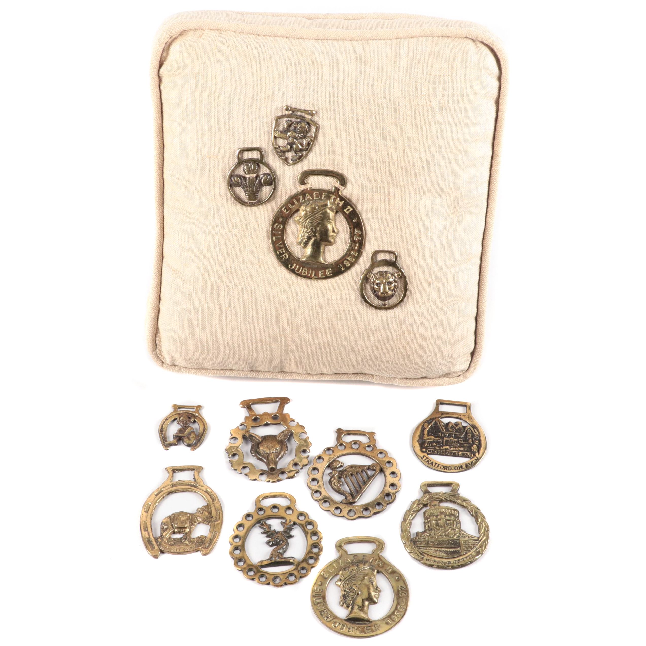 Elizabeth II Silver Jubilee with Other English Horse Brasses and Cushion