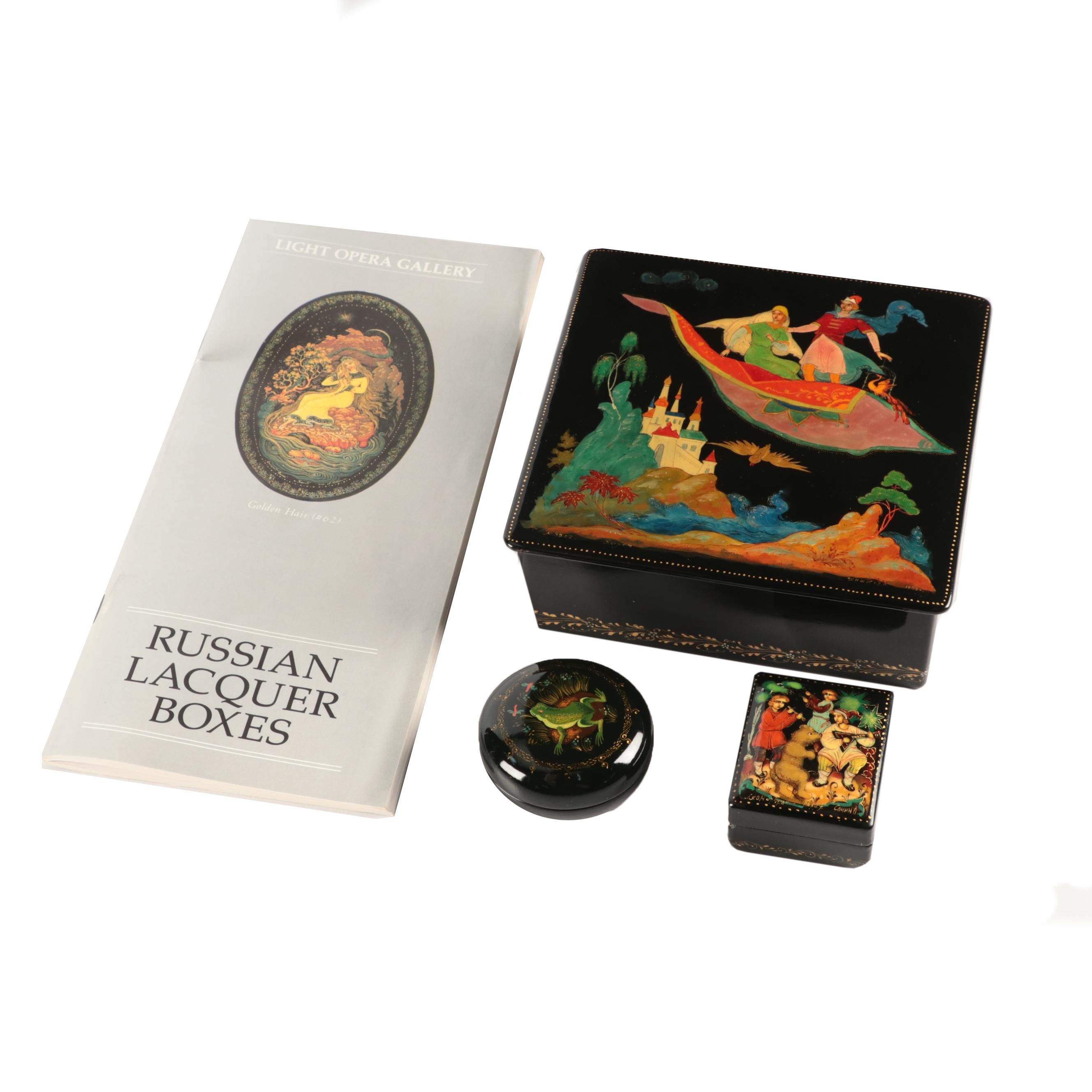 Russian Hand-Painted Lacquerware Trinket Boxes With Pamphlet
