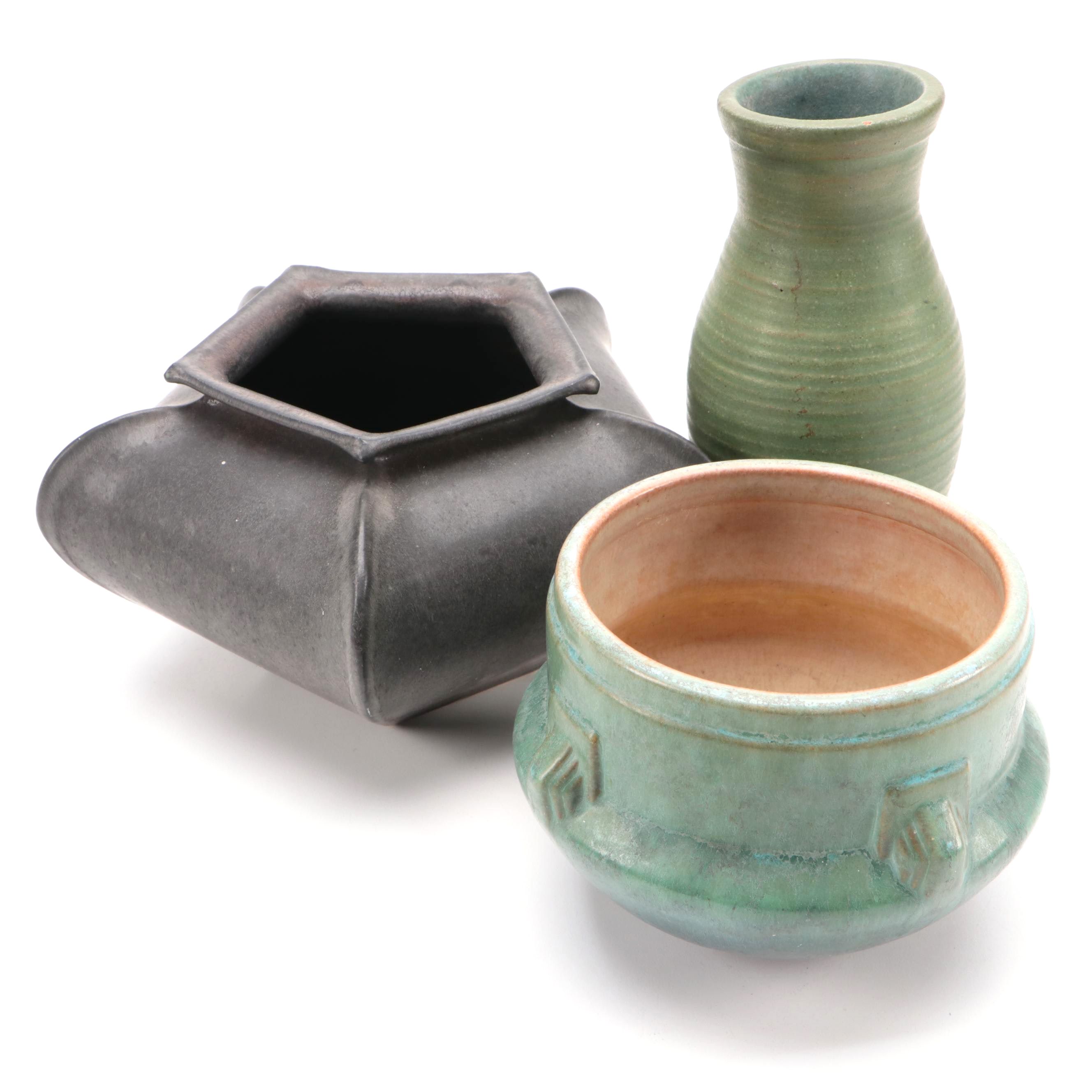 Mangum Pottery Pentagonal Planter with Other Ceramic Vases