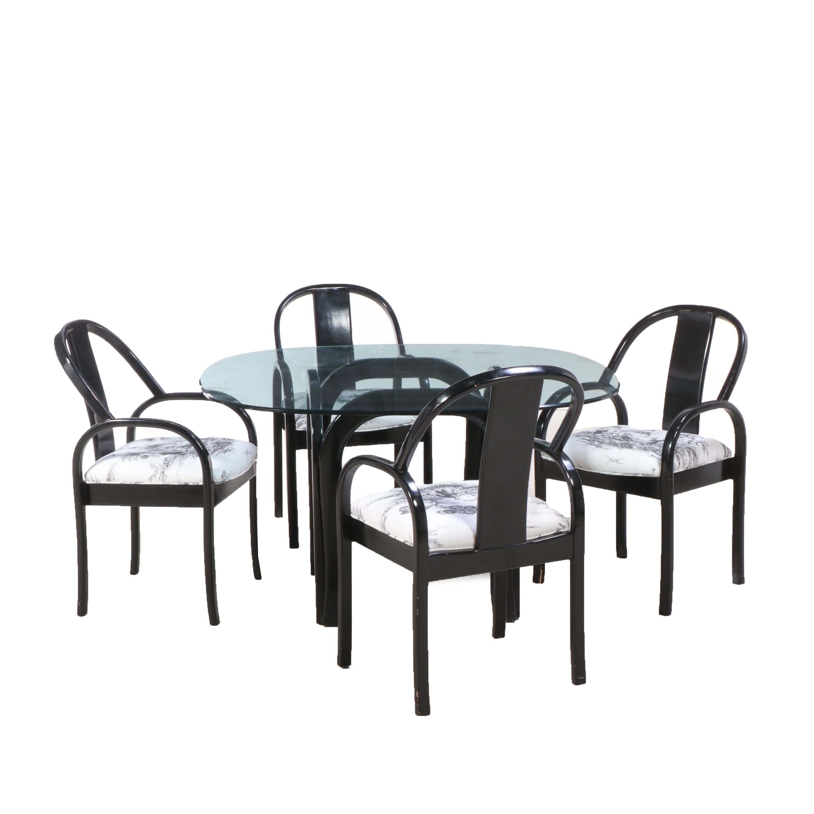 Post-Modernist Chinese Style Black Lacquered Wood and Glass Dining Set