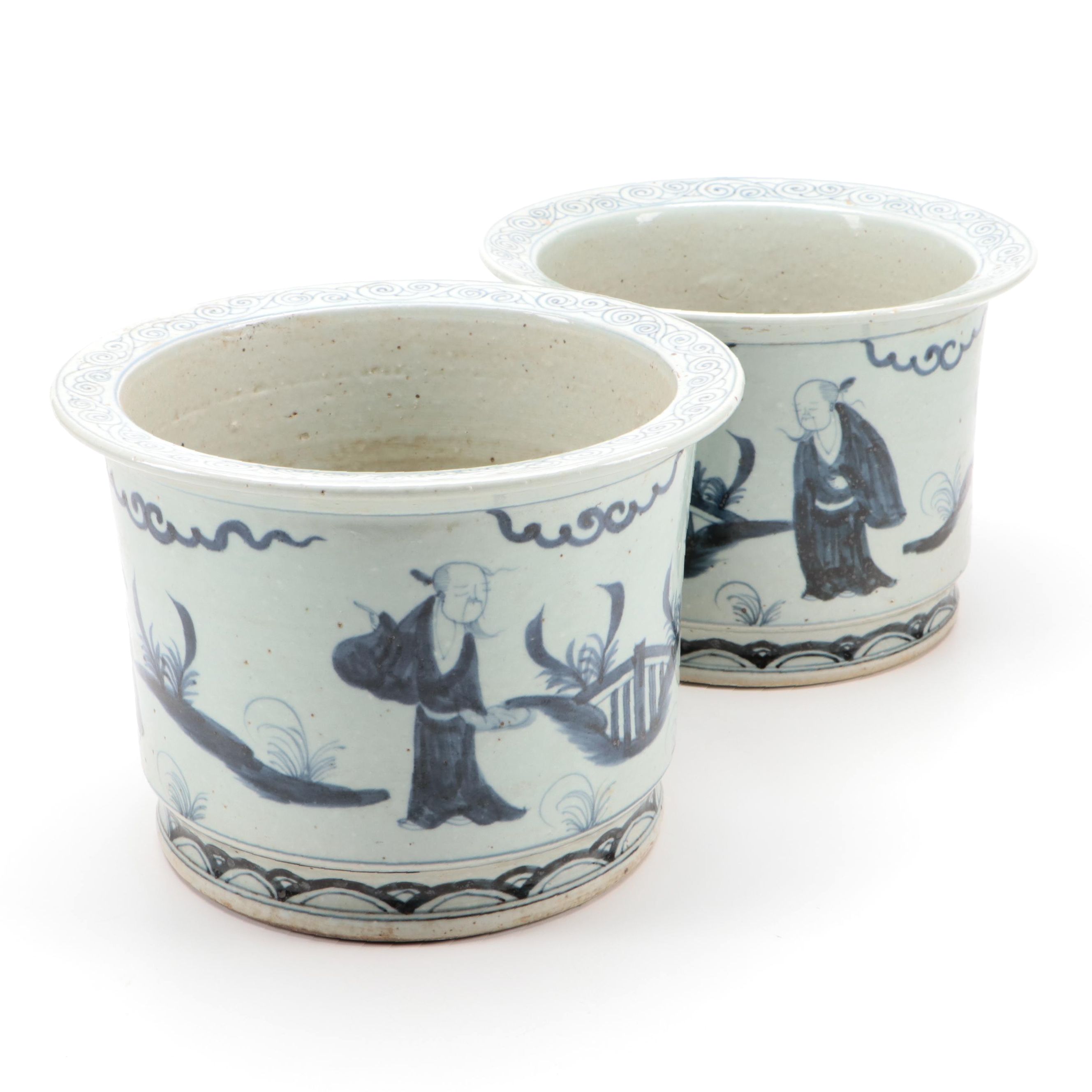 Chinese Hand-Painted Blue and White Porcelain Garden Scene Planters
