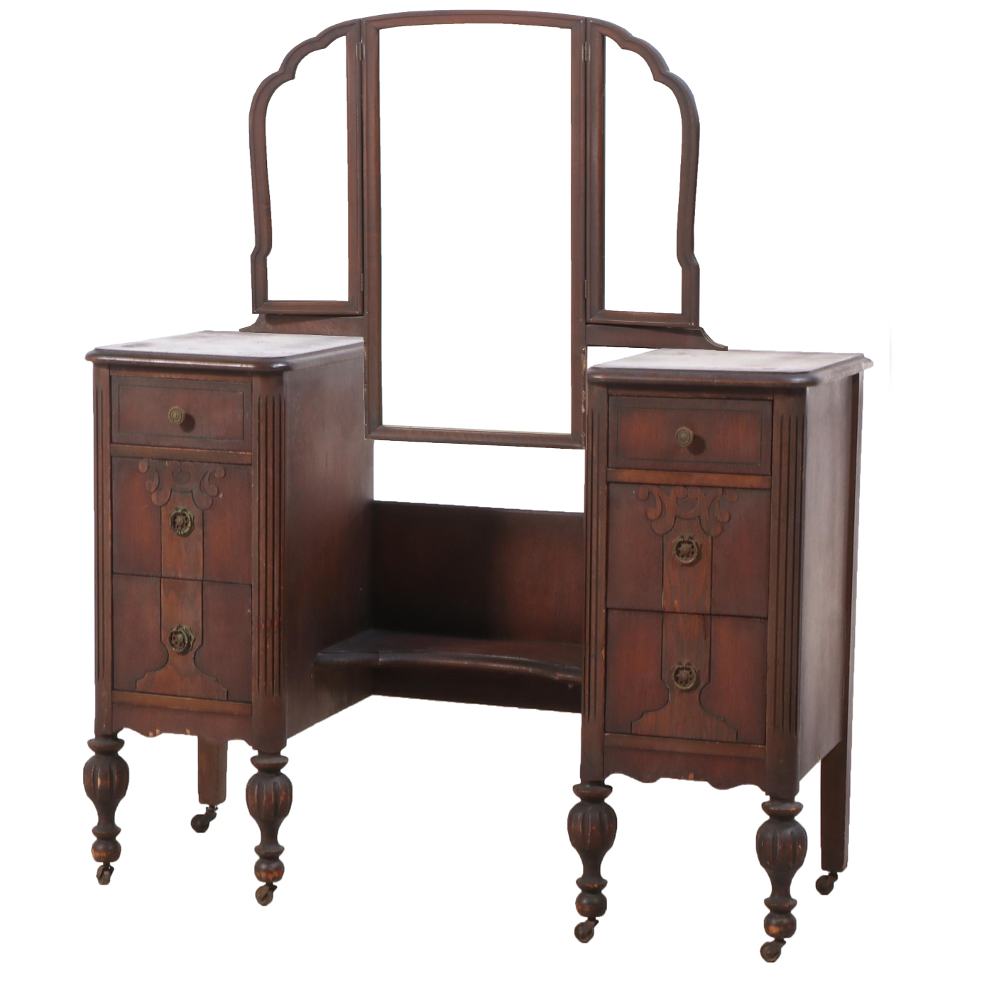 Louis XVI Style Walnut Vanity Table with Dressing Mirror, Early to Mid 20th C