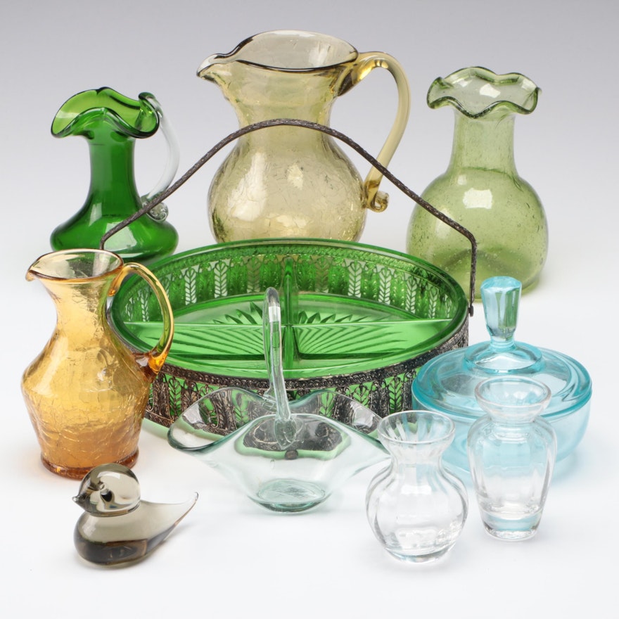 Green Depression Glass Candy Dish with More Glass Table Accessories