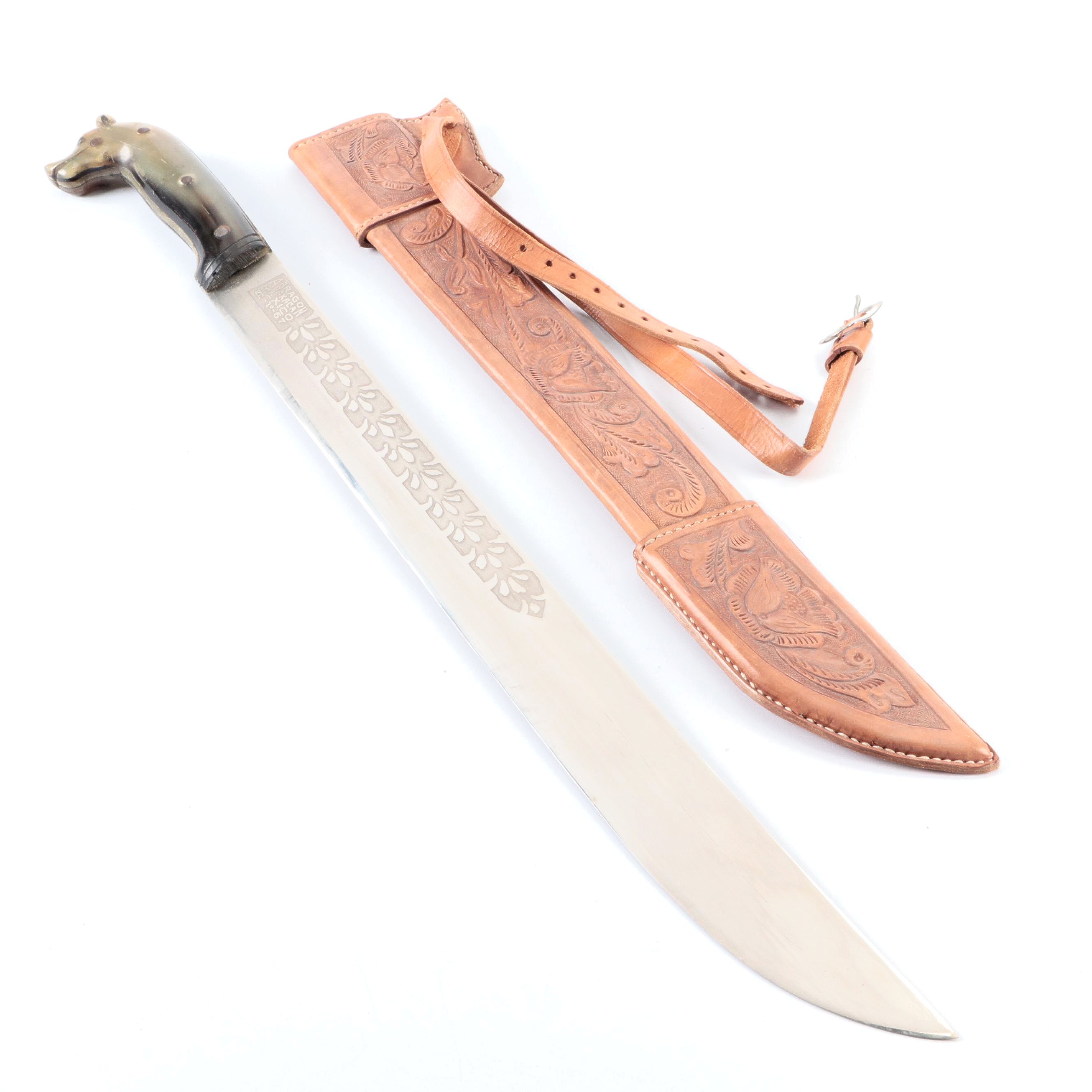Mexican Stainless Steel Machete with Embossed Leather Scabbard