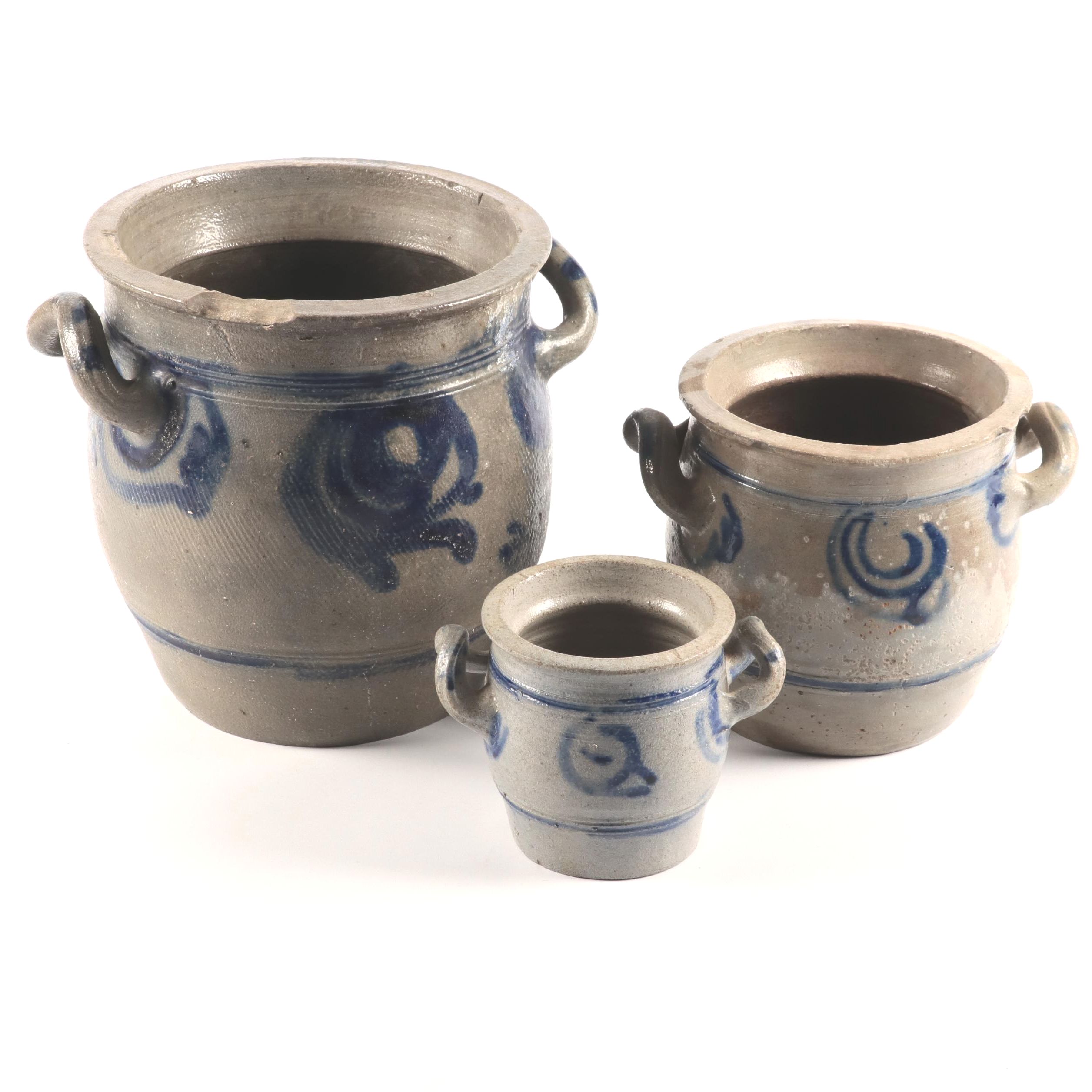 French Betschdorf Stoneware Crocks with Freehand Cobalt Accents