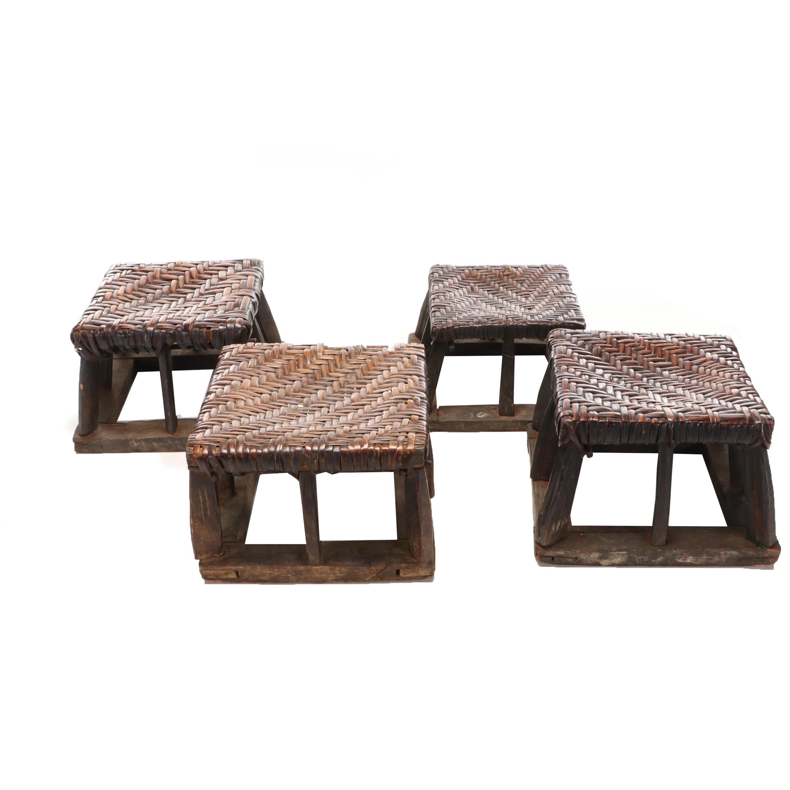 Four Blue Ocean Traders Siheyaun Rattan and Wood Stools