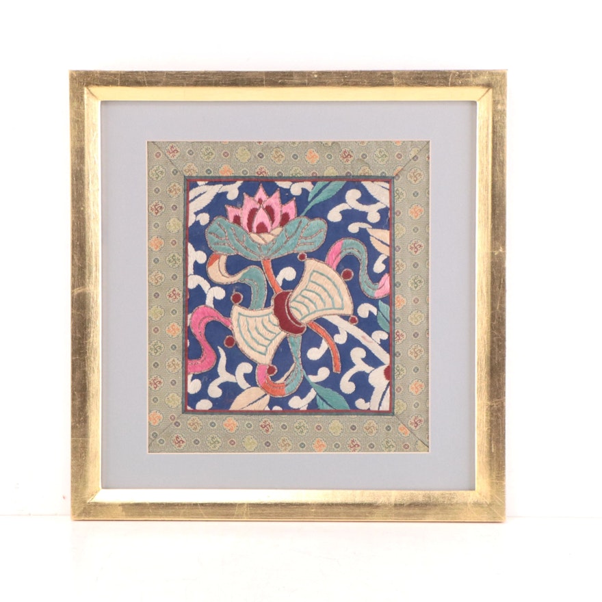 Asian Floral Embroidered Decorative Textile Square in Frame