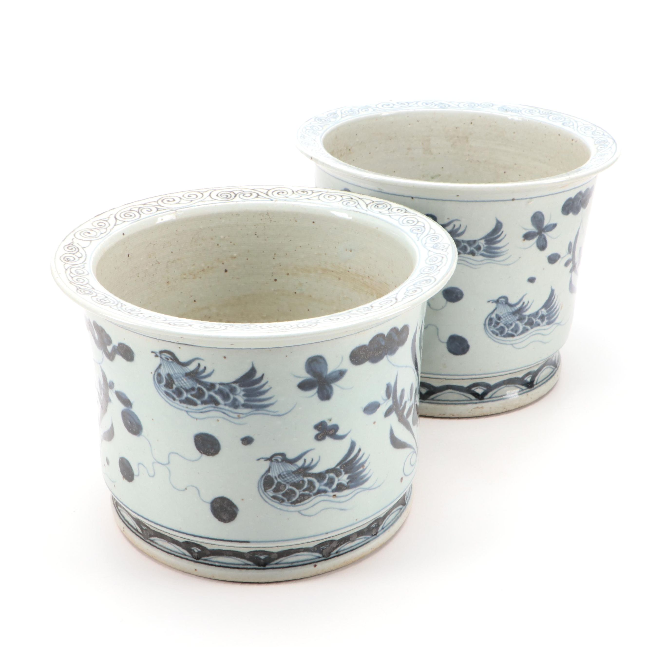 Chinese Blue and White Hand-Painted Porcelain Rimmed Planters