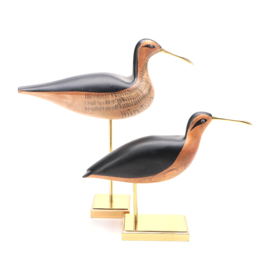 Hand-Painted Carved Wood and Brass Shore Bird Figurines