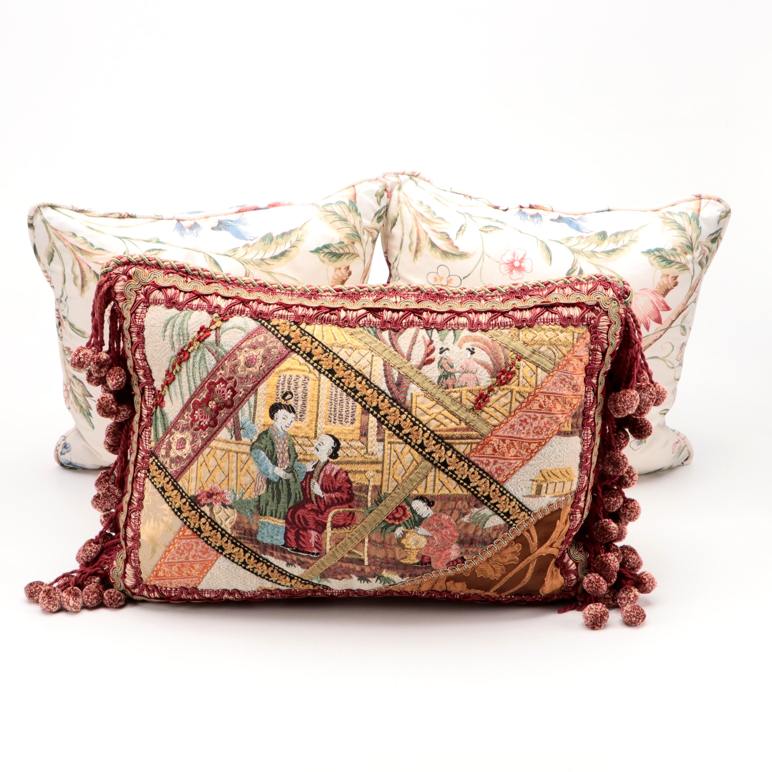 Chinoiserie Style Fringed Woven Accent Pillow and Printed Throw Pillows