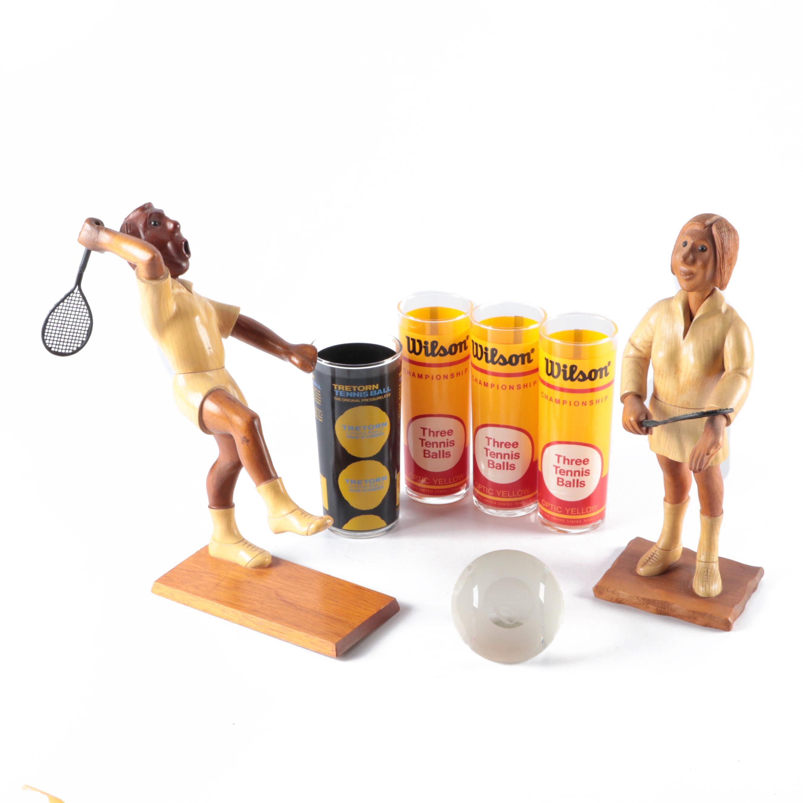 Italian Carved Tennis Figurines with Tennis Can Glass Tumblers and Paperweight