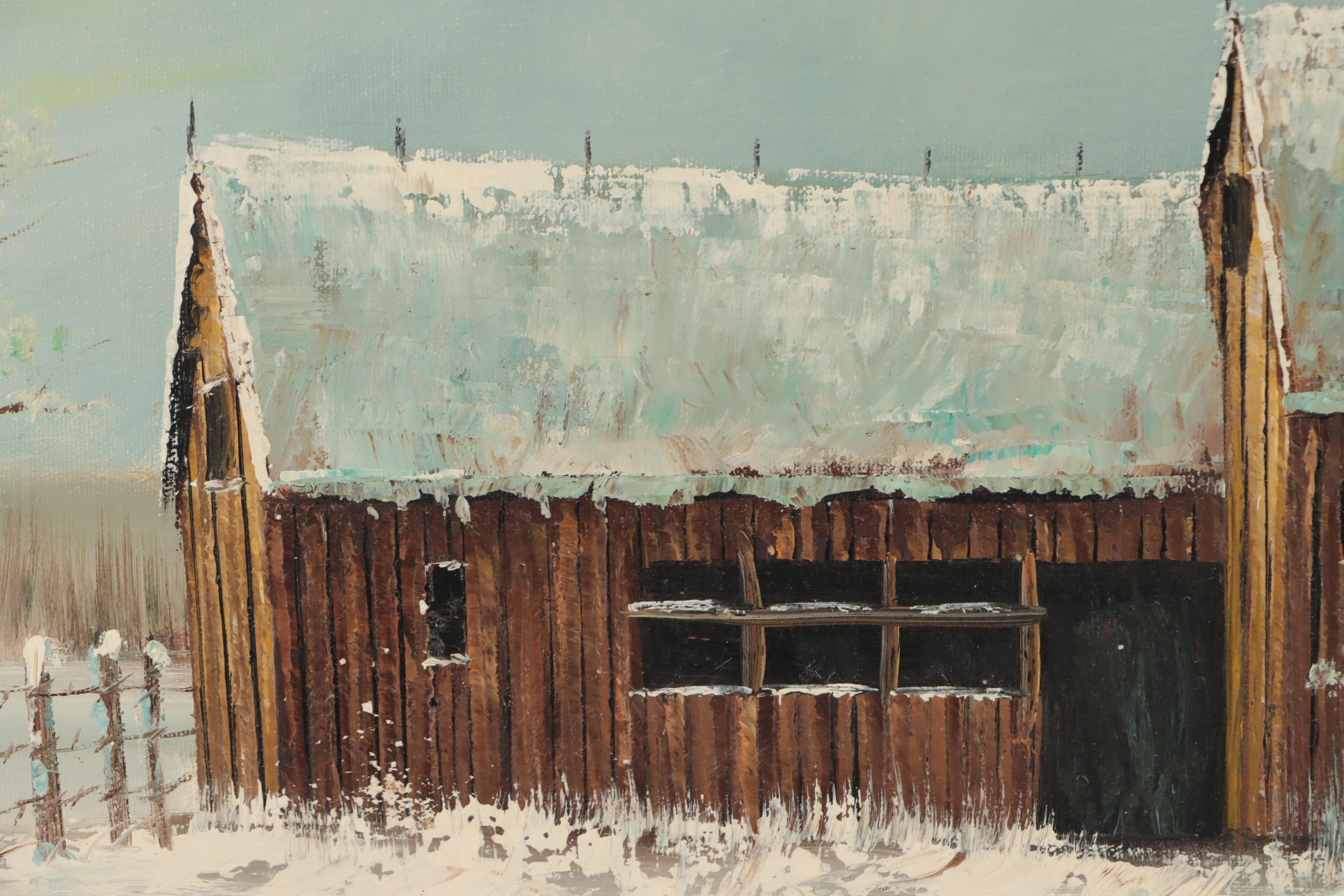 M. Otto Winter Landscape Oil Painting of Dilapidated Barn