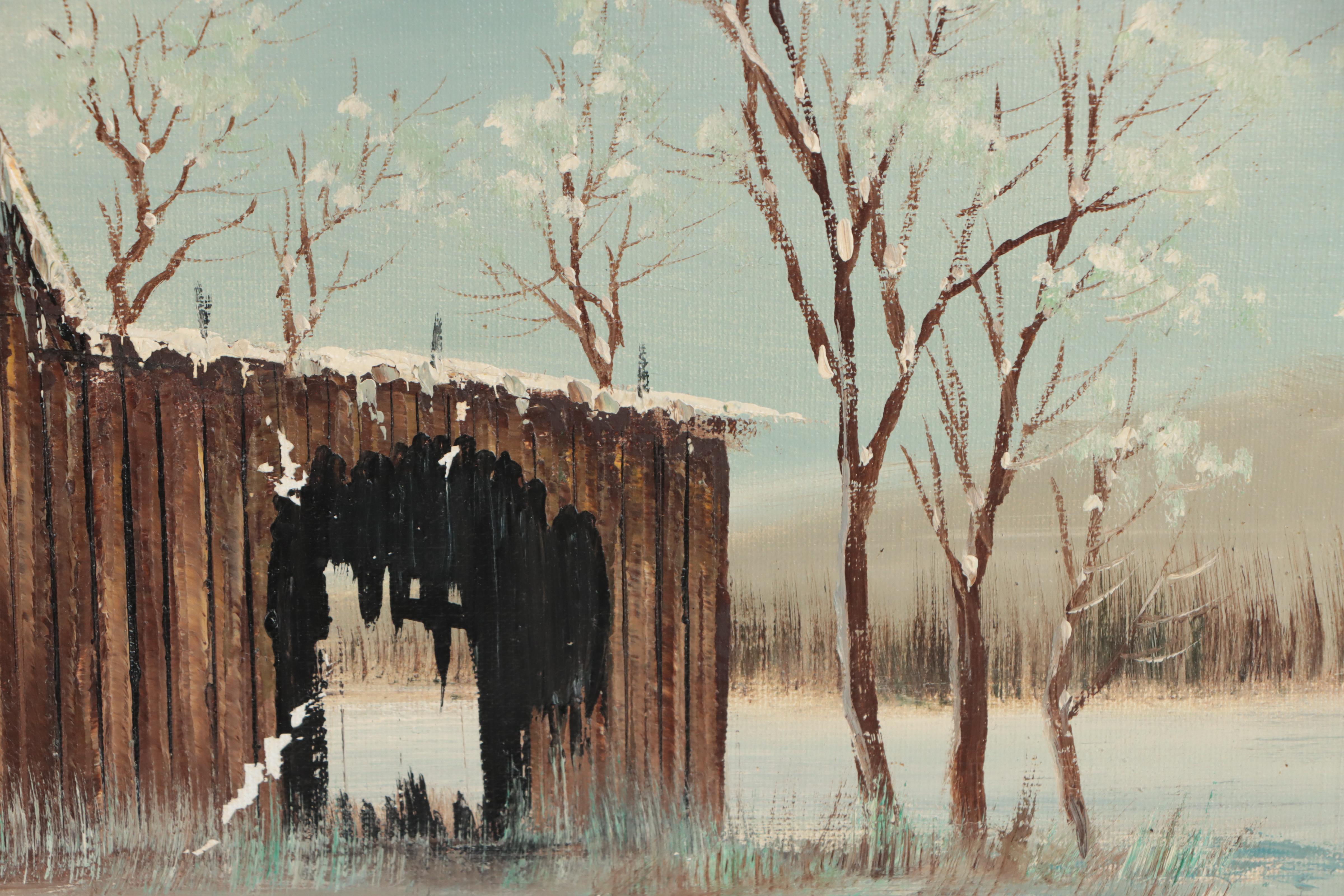 M. Otto Winter Landscape Oil Painting of Dilapidated Barn