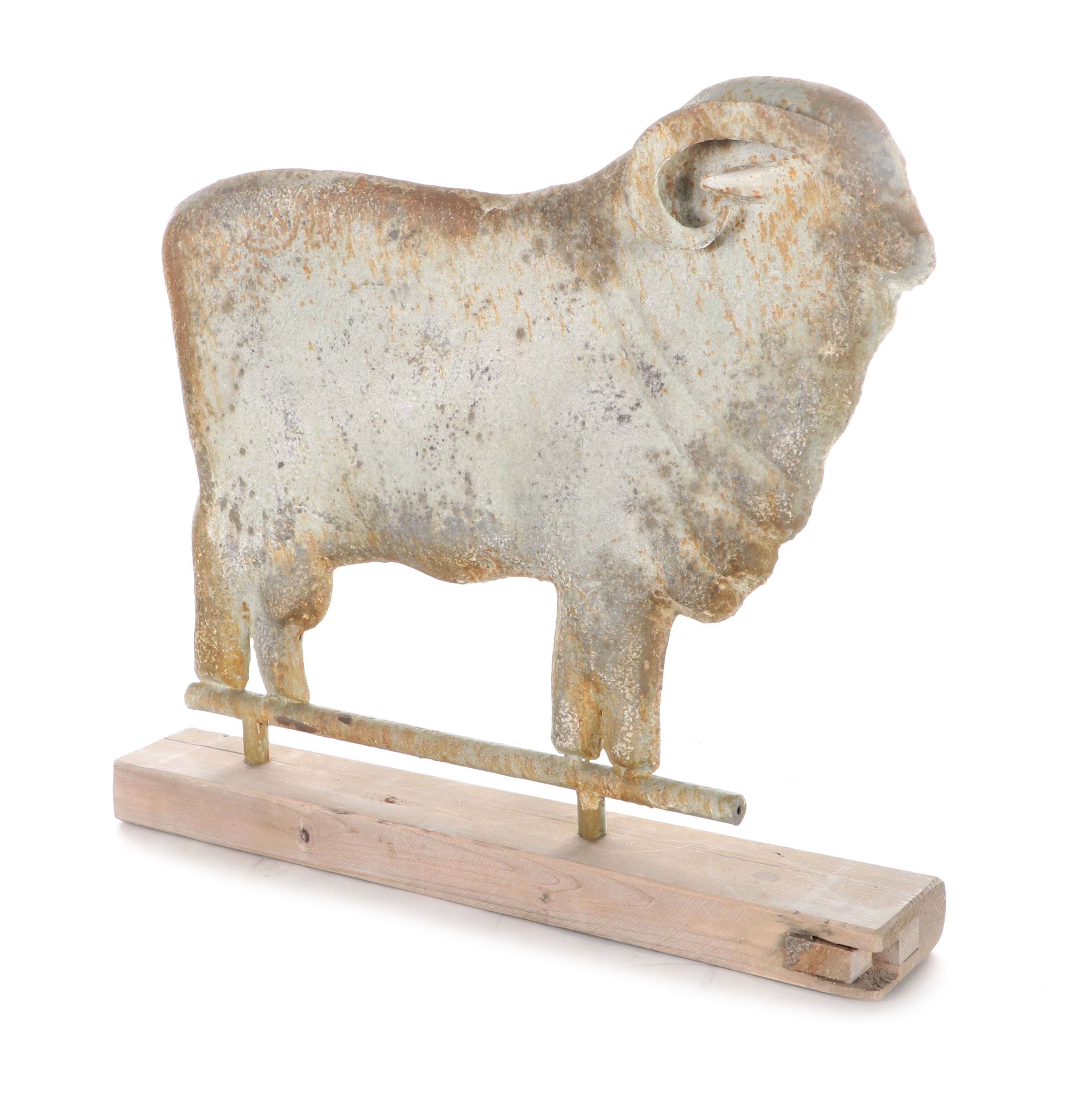 Molded Metal Merino Ram Shaped Weathervane Figure Mounted on Wooden Block