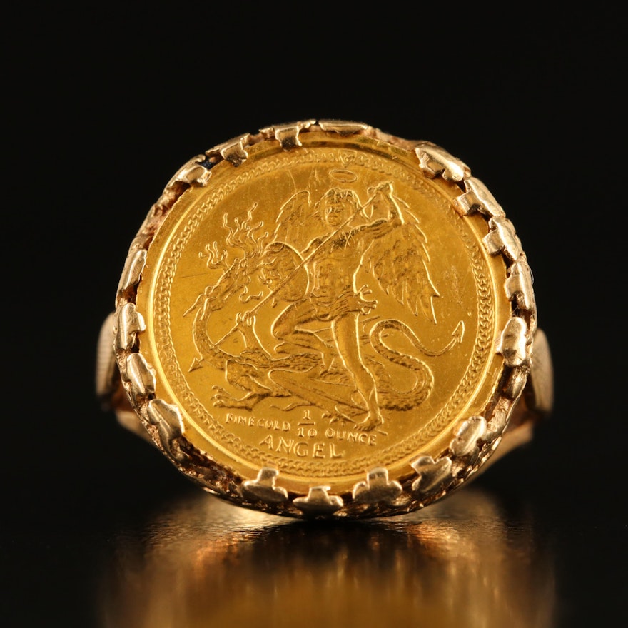 10K Ring with 1985 Isle of Man 1/10 Oz. Angel Gold Coin