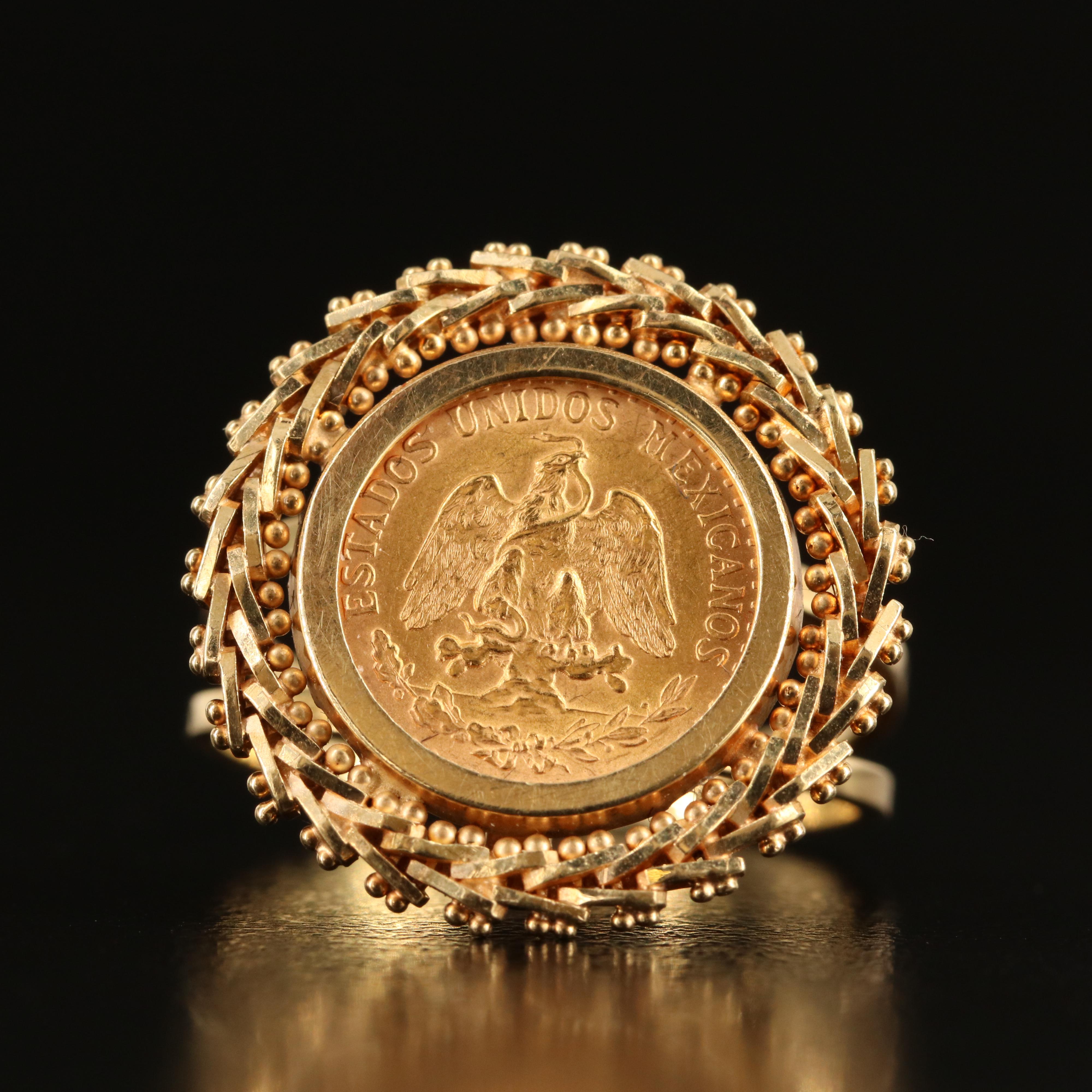 14K Ring with 1945 2-Pesos Mexican Gold Coin