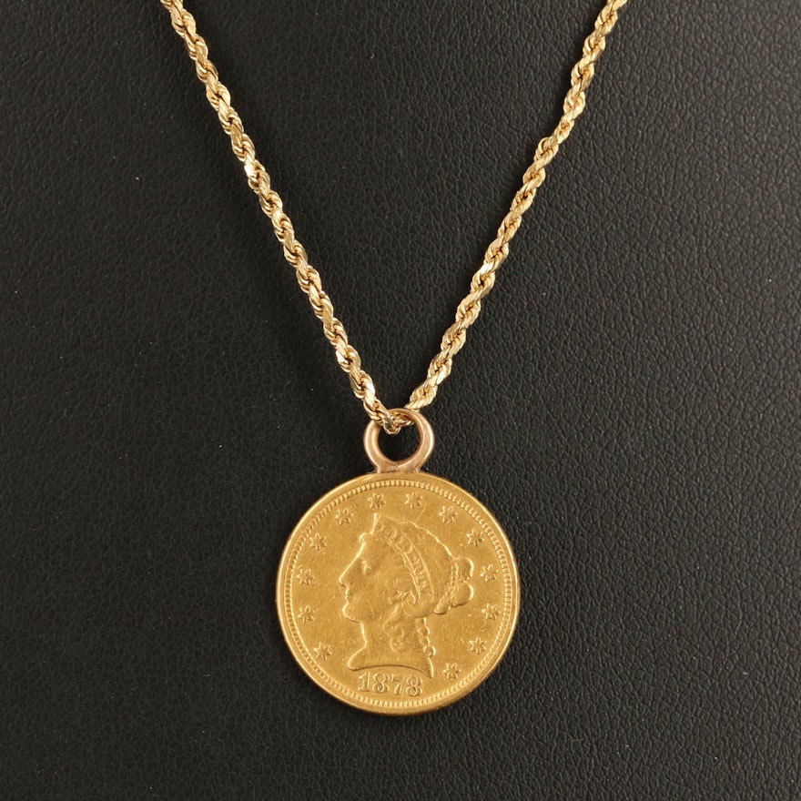 14K Pendant Necklace with 1878 Liberty Head Gold Quarter Eagle Love Token