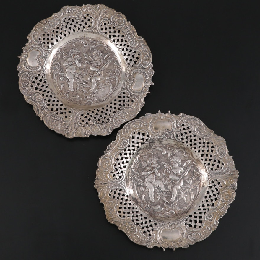Hanau 800 Silver Baroque Style Putti Plates with Reticulated Rims