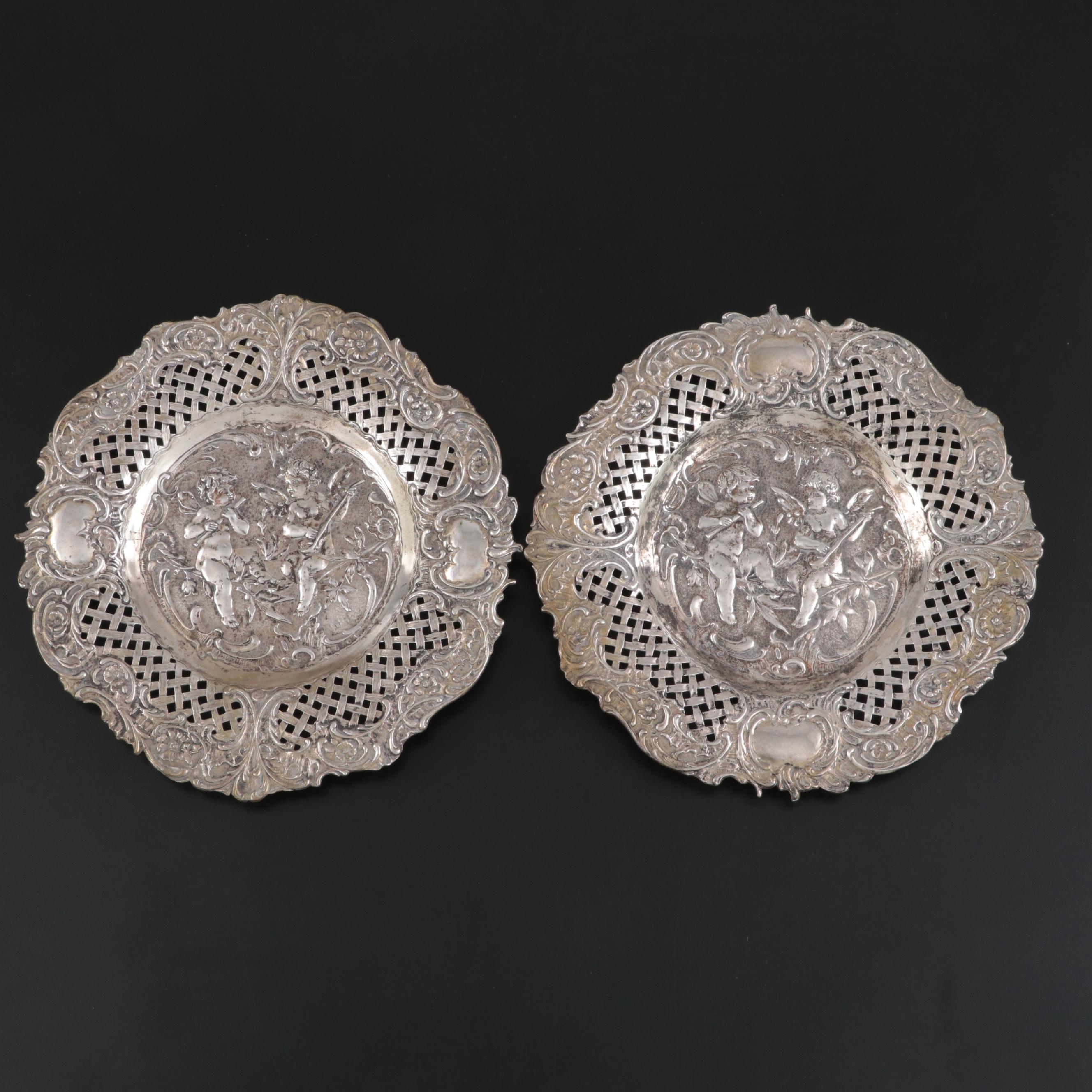 Hanau 800 Silver Baroque Style Putti Plates with Reticulated Rims