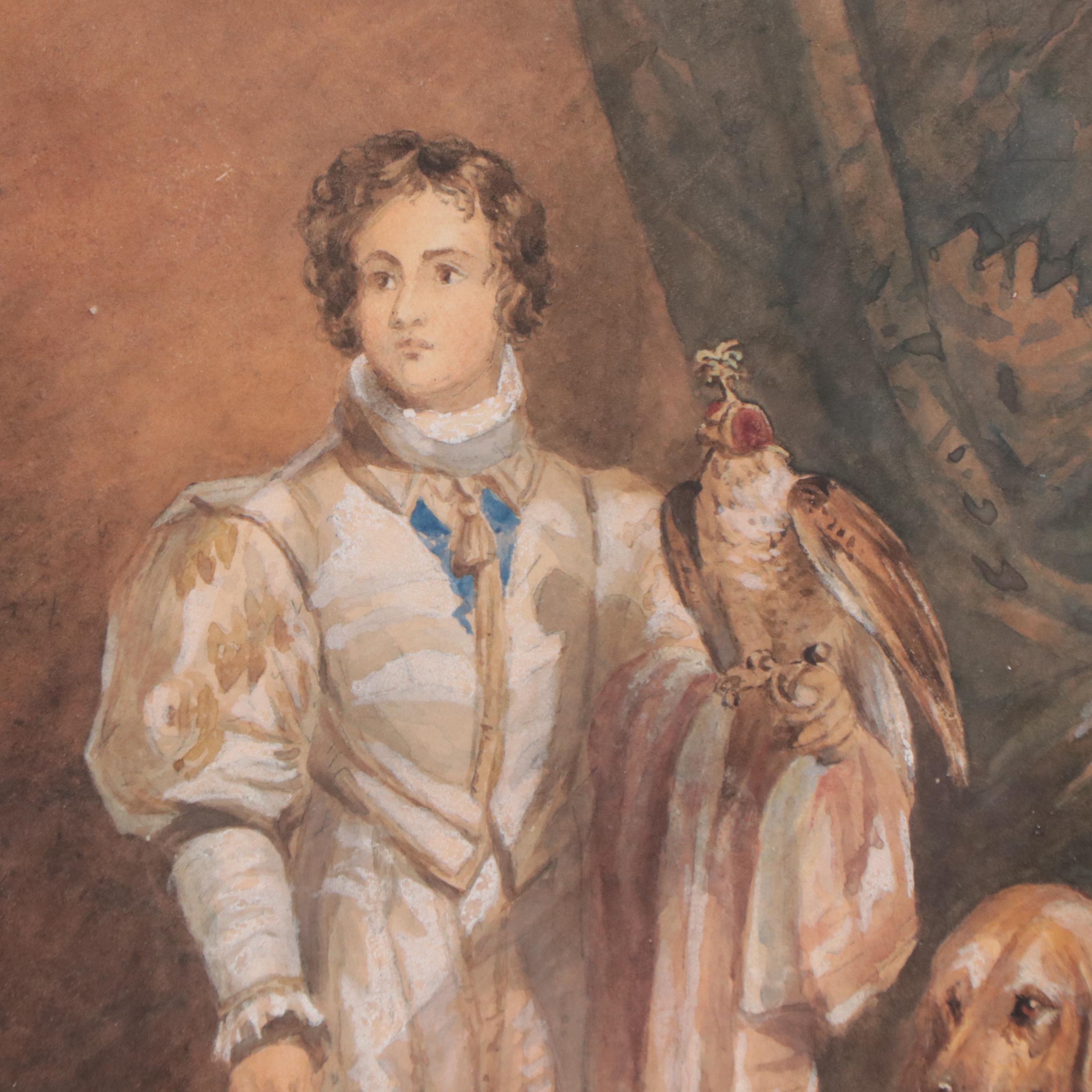 Watercolor Painting After John Frederick Tayler "The Falconer"