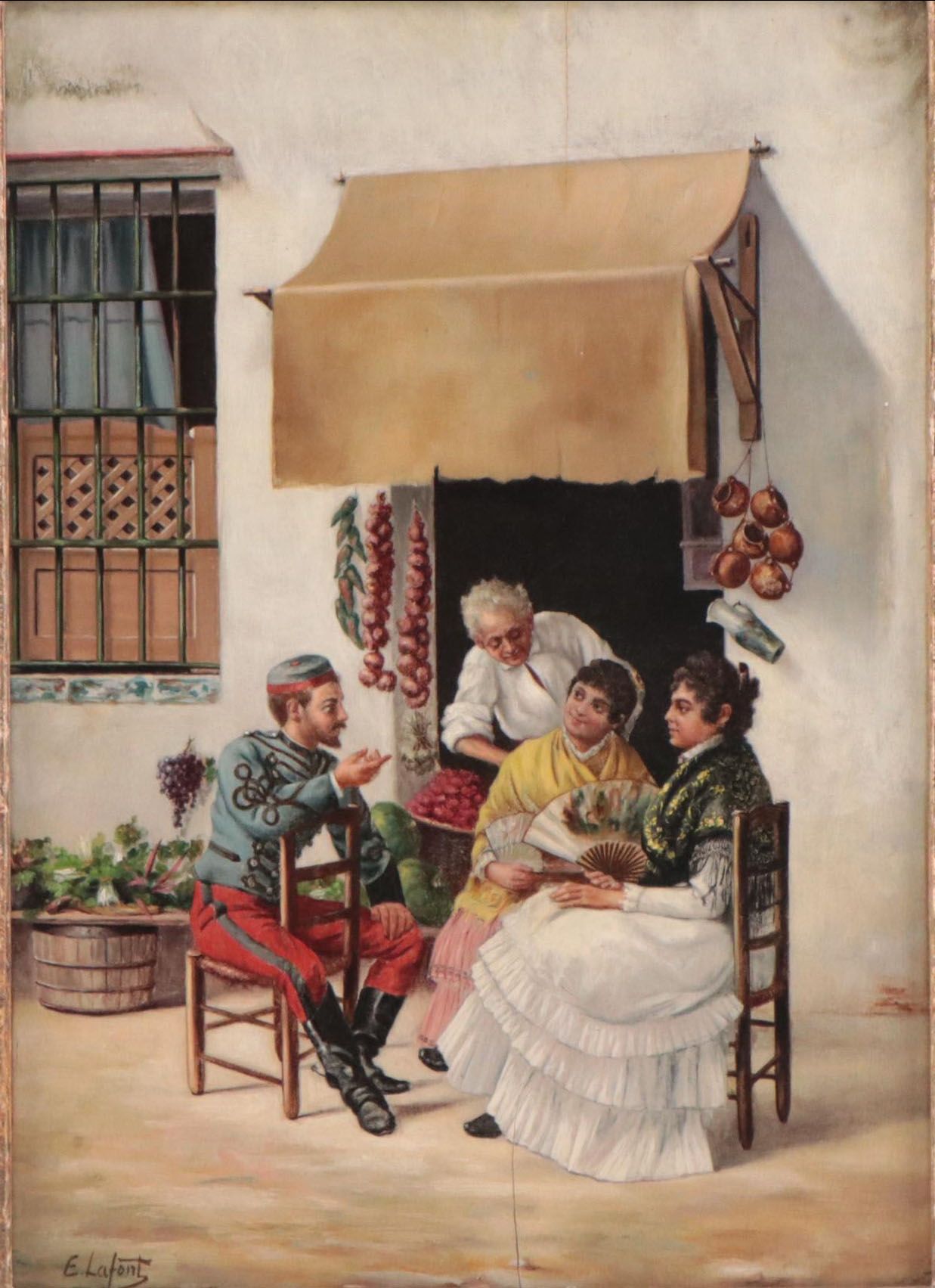 Emile René Lafont Oil Painting of Figures in Exterior Scene