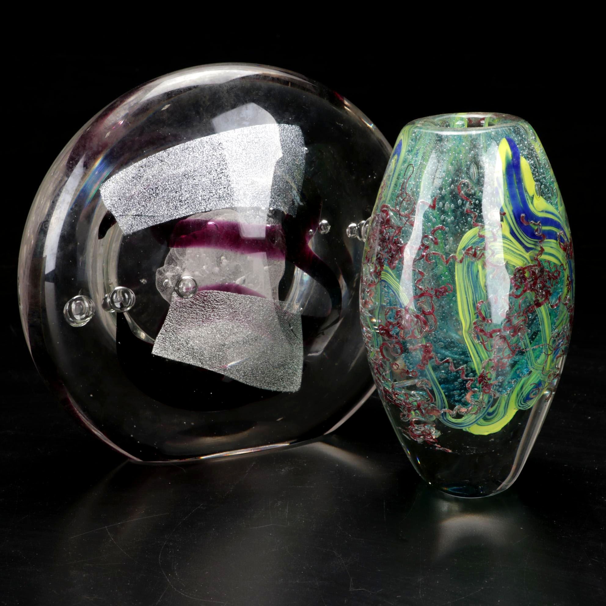 Signed Michael Rozell Art Glass Paperweight and Bud Vase