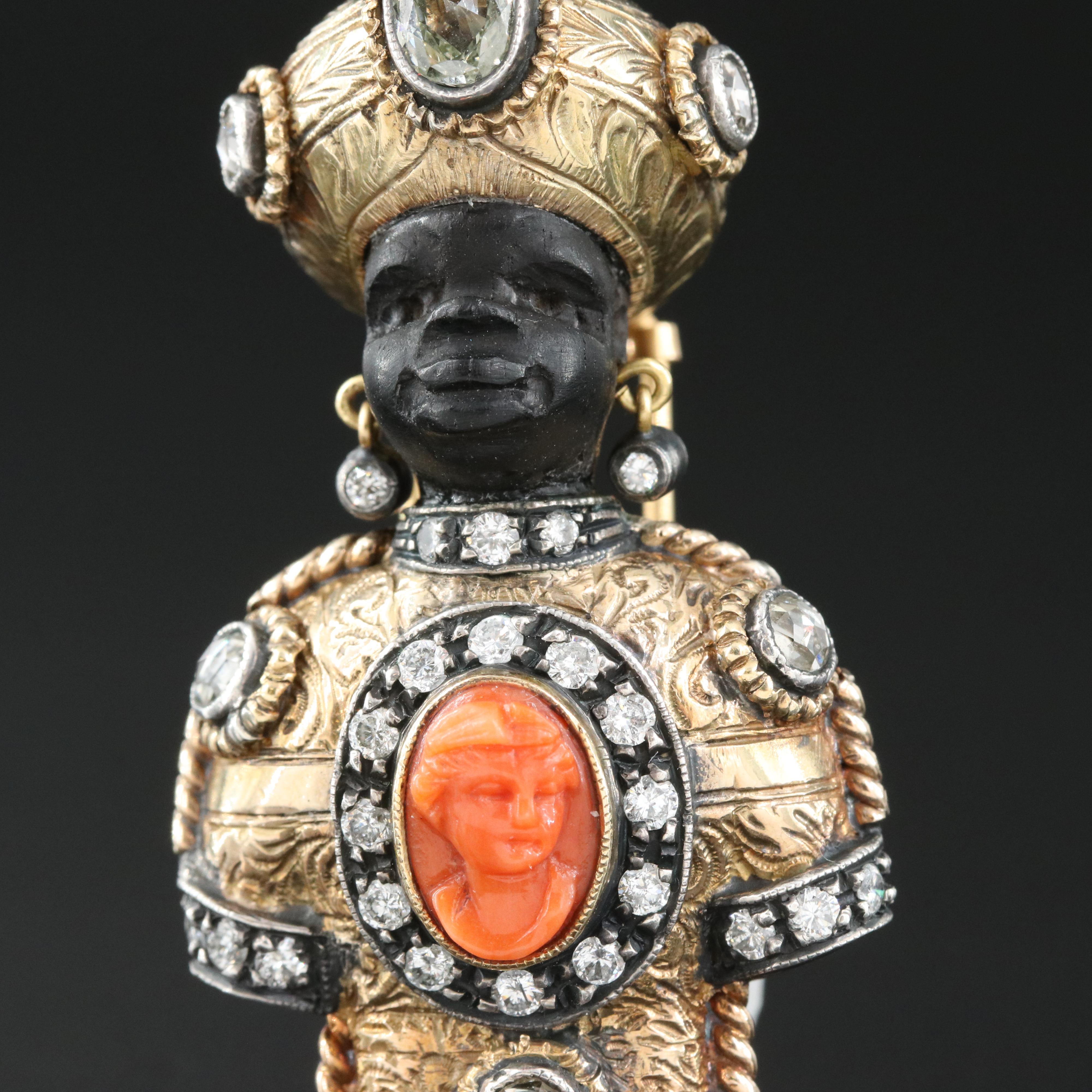 Nardi Moretto 18K 1.66 CTW Diamond, Coral and Ebony Blackamoor Brooch