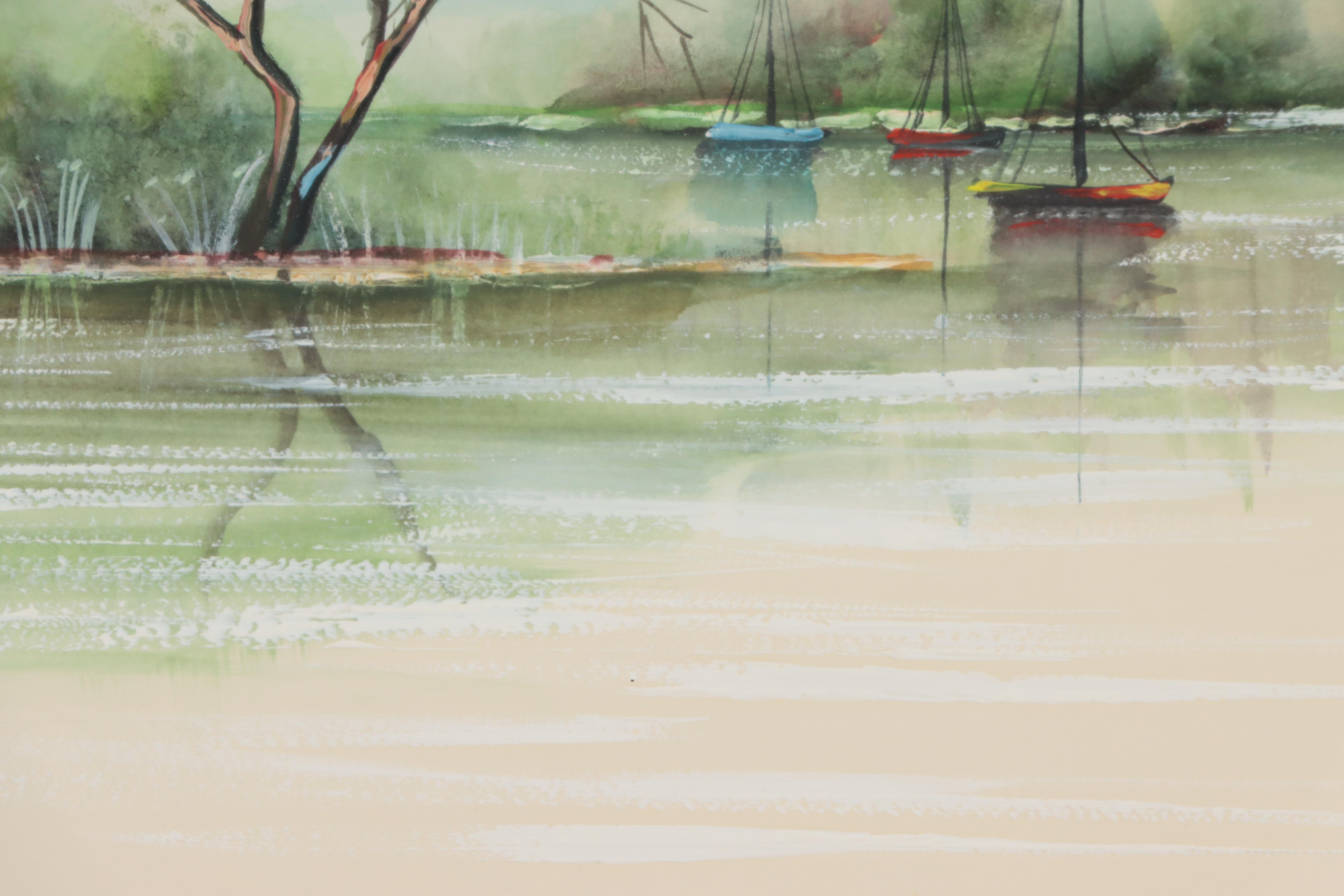 Lake Boating Scene Watercolor Painting