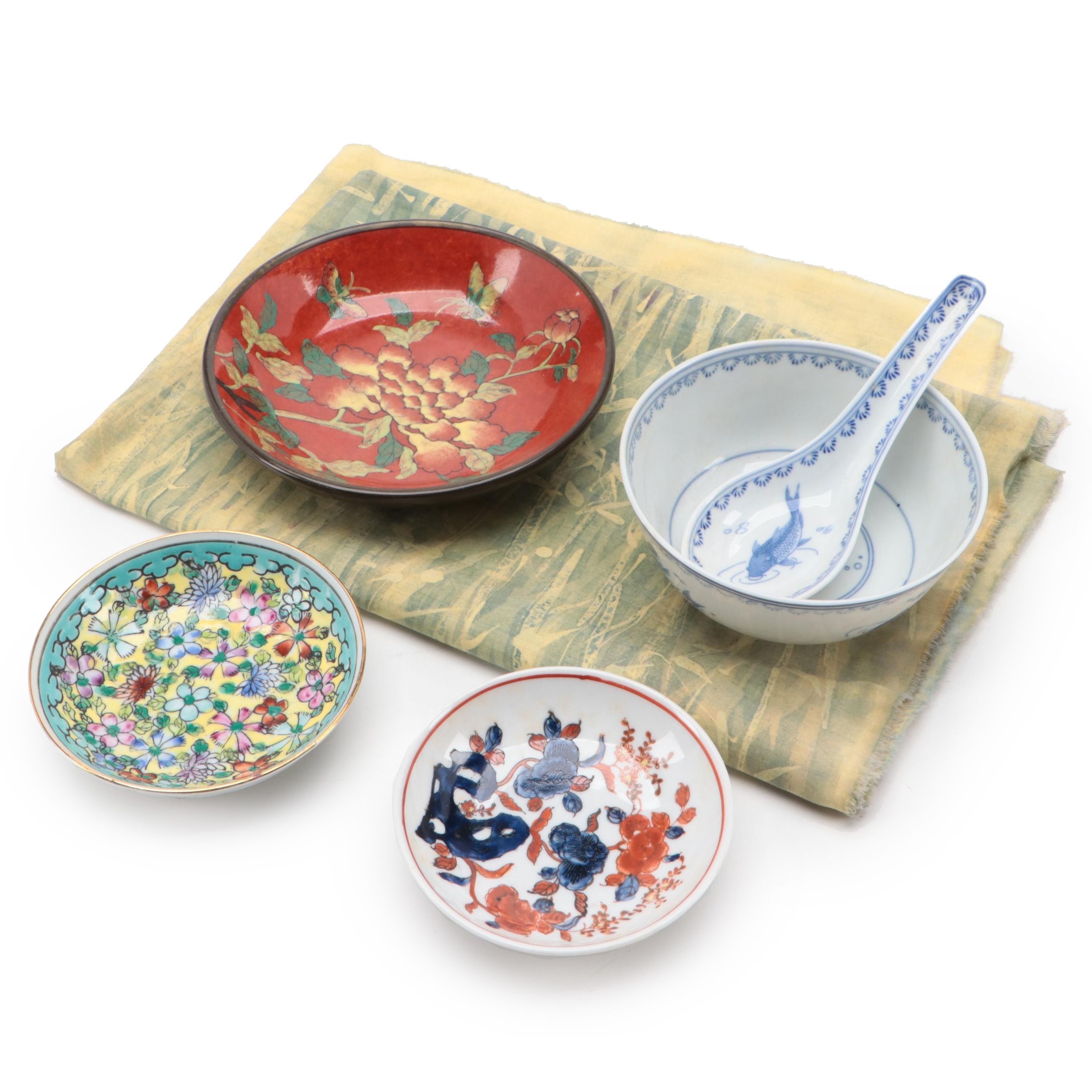 Chinese Batik Crane Motif Textile Panel with Porcelain Bowls and Dishes