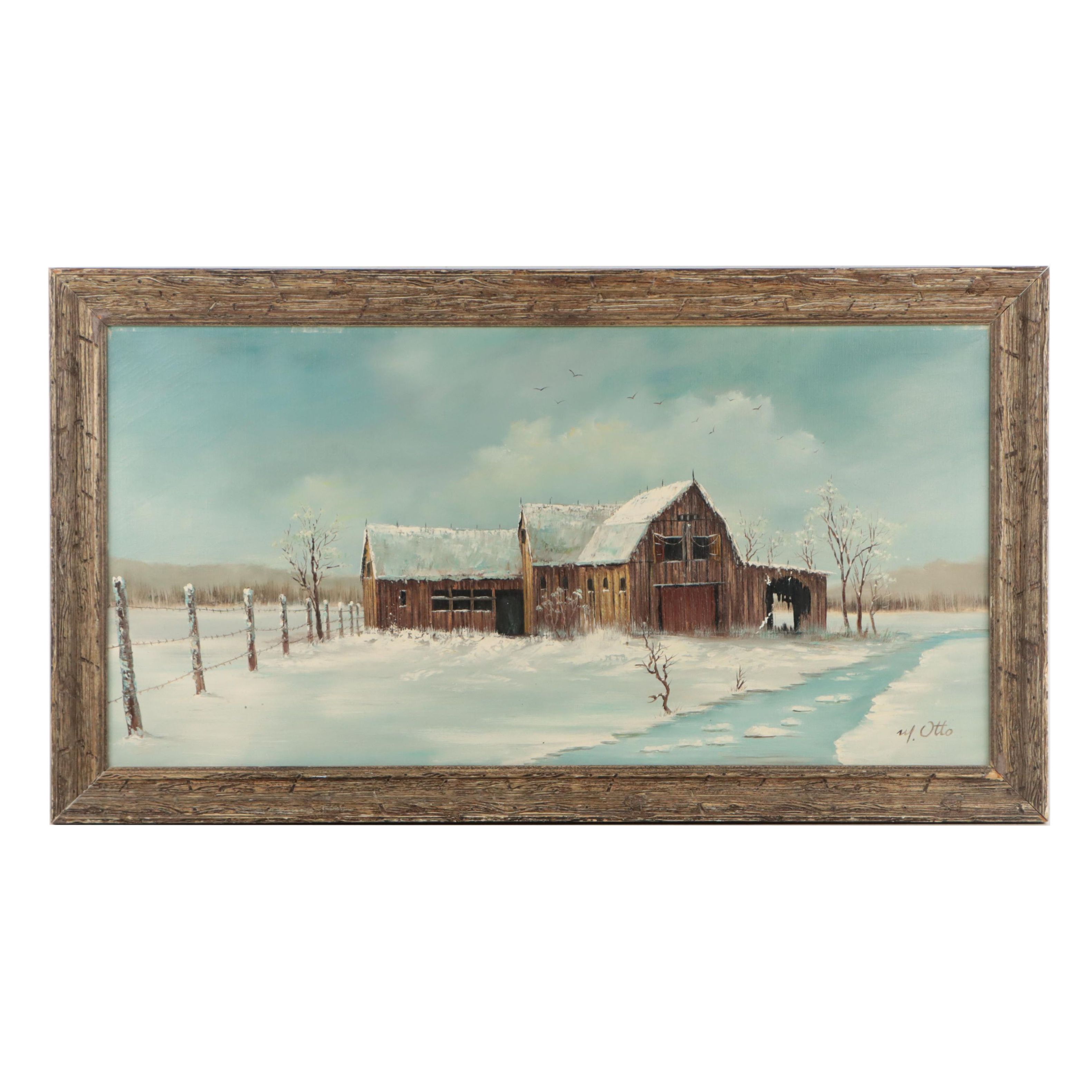 M. Otto Winter Landscape Oil Painting of Dilapidated Barn