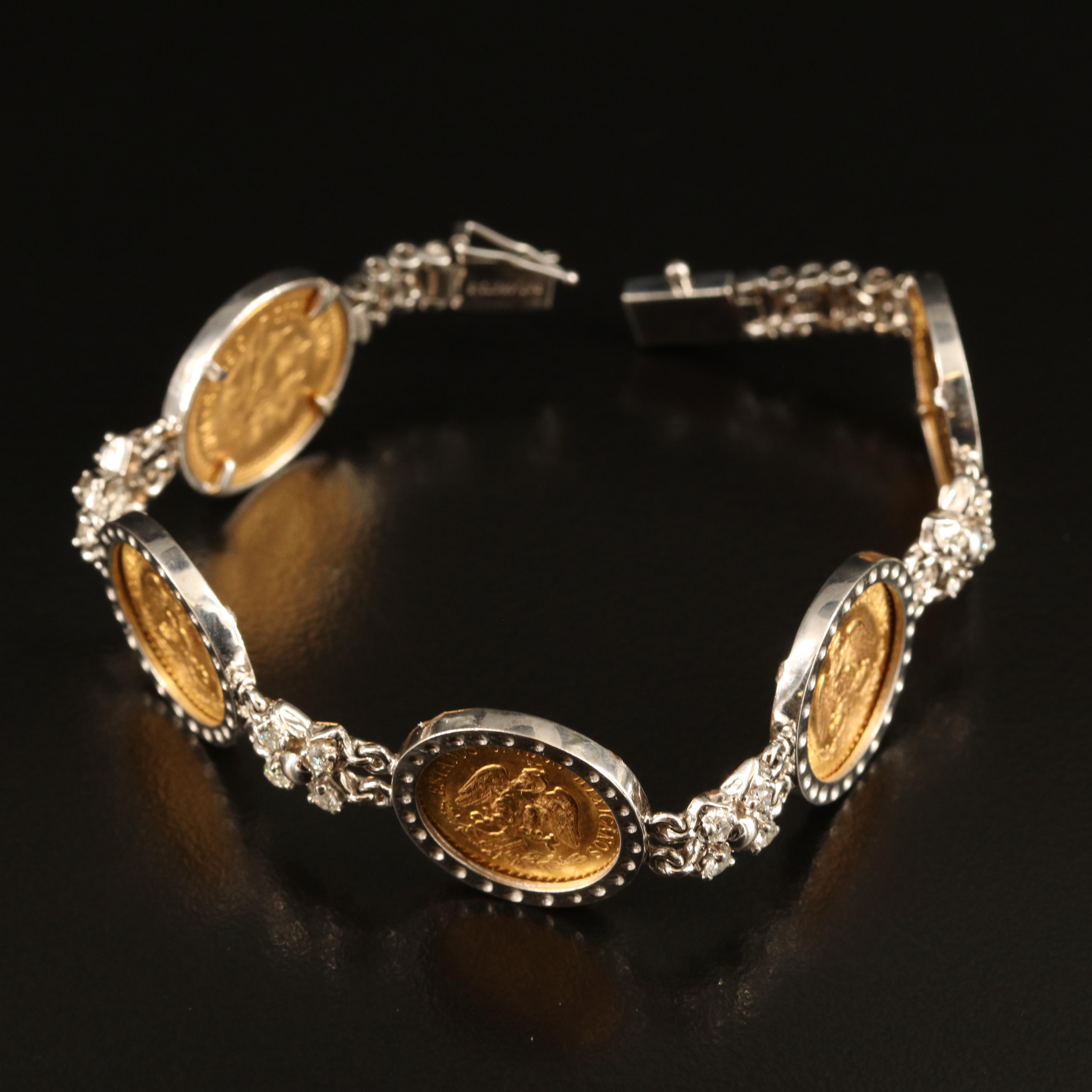 14K 0.46 CTW Diamond Bracelet with Mexican 2 1/2-Pesos Gold Coins