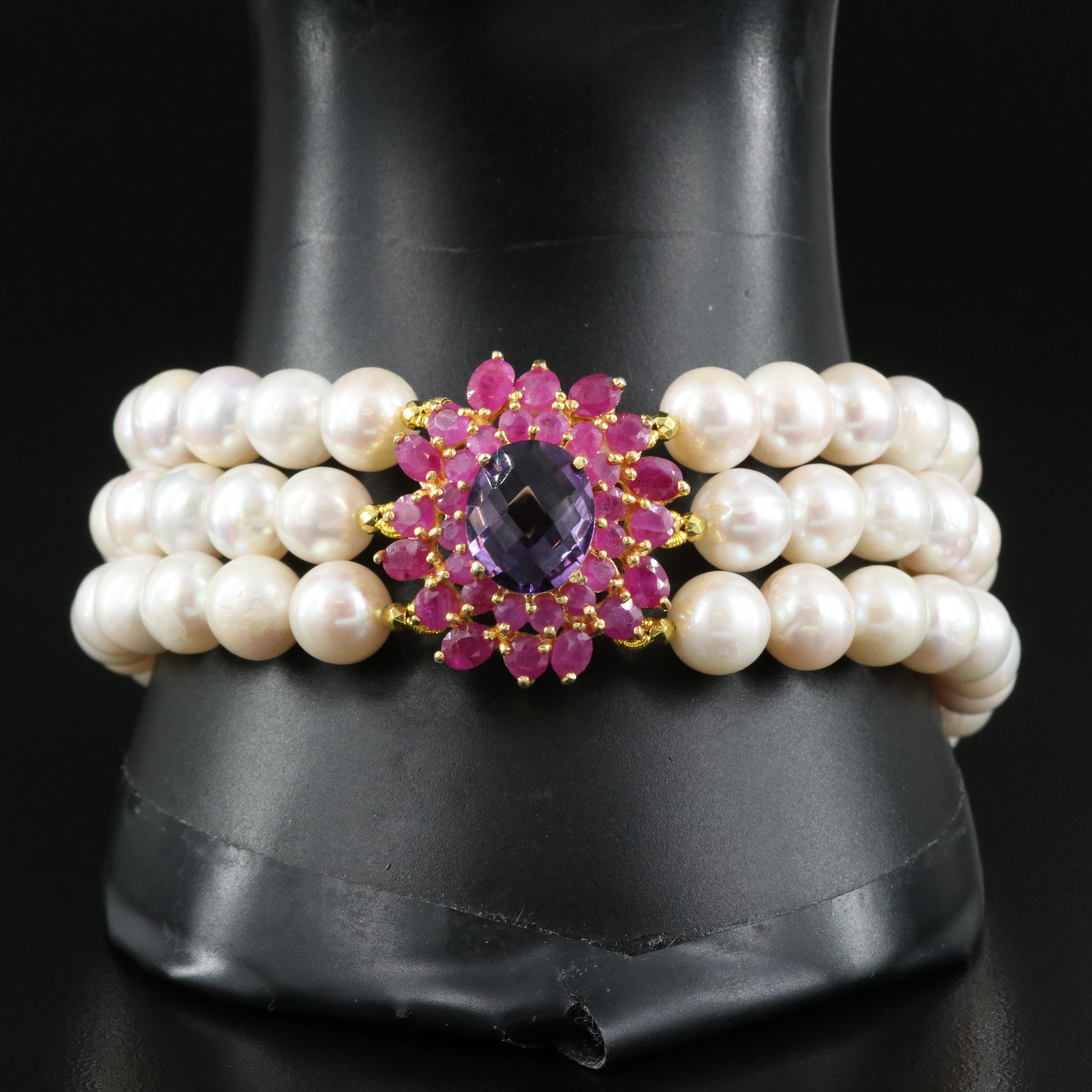 Sterling Amethyst, Ruby and Pearl Bracelet