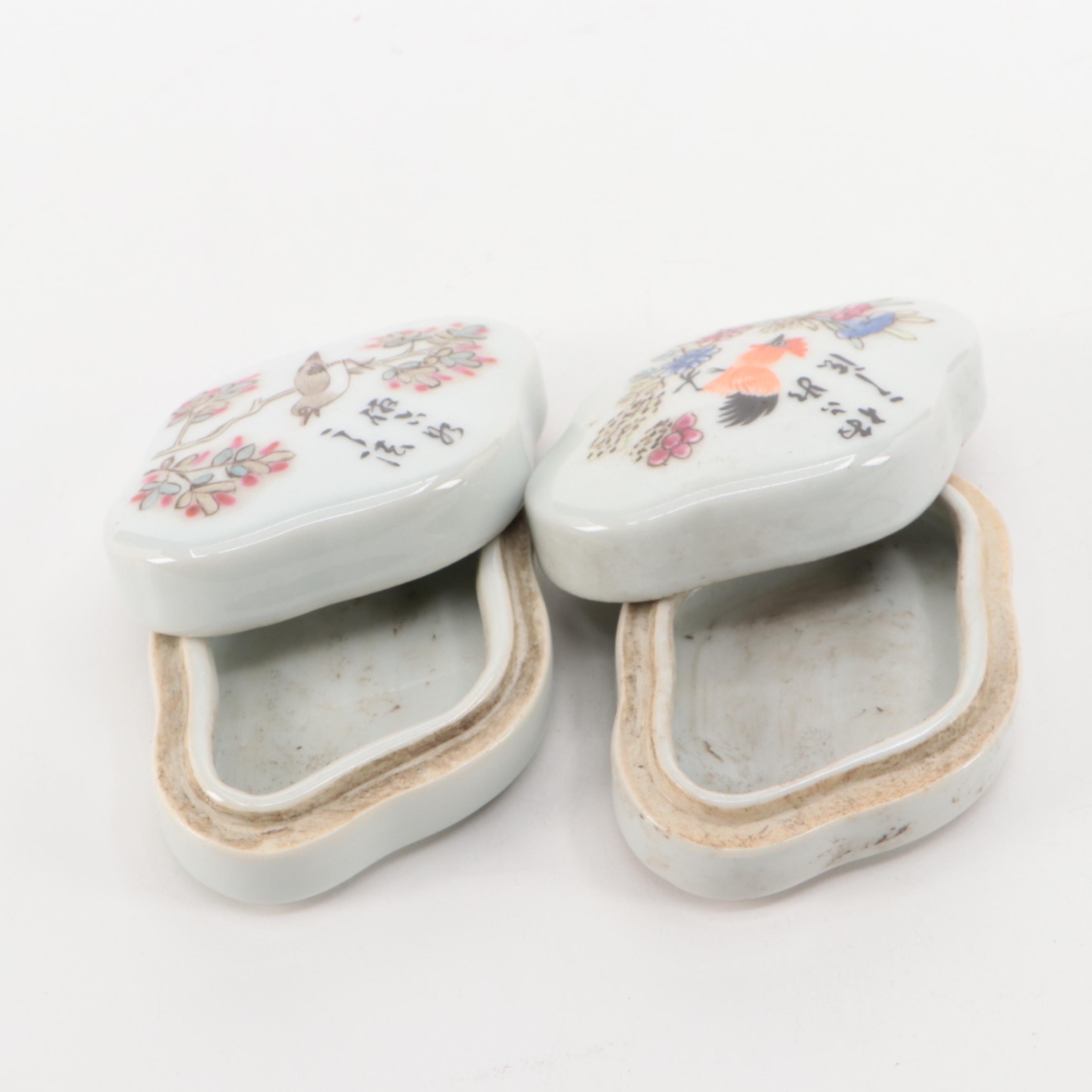 Chinese Quatrefoil Porcelain Bowl with Boxes and Teacups