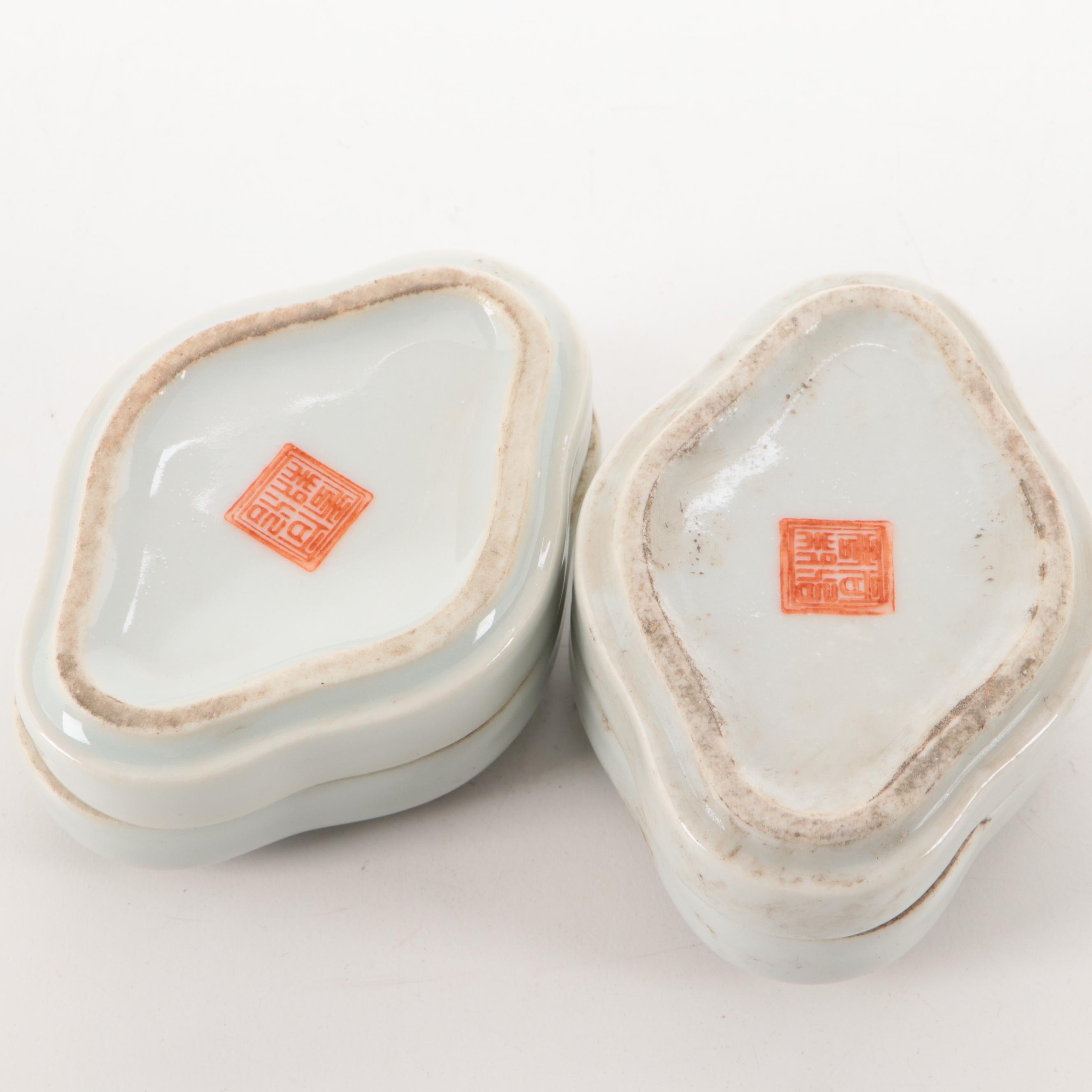 Chinese Quatrefoil Porcelain Bowl with Boxes and Teacups