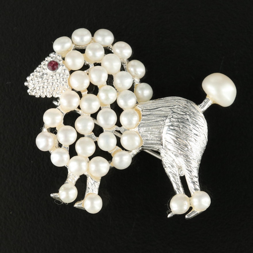 Sterling Pearl Poodle Brooch with Garnet Accent