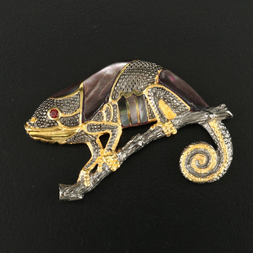Sterling Mother-of-Pearl Iguana Brooch with Garnet Eye Accent