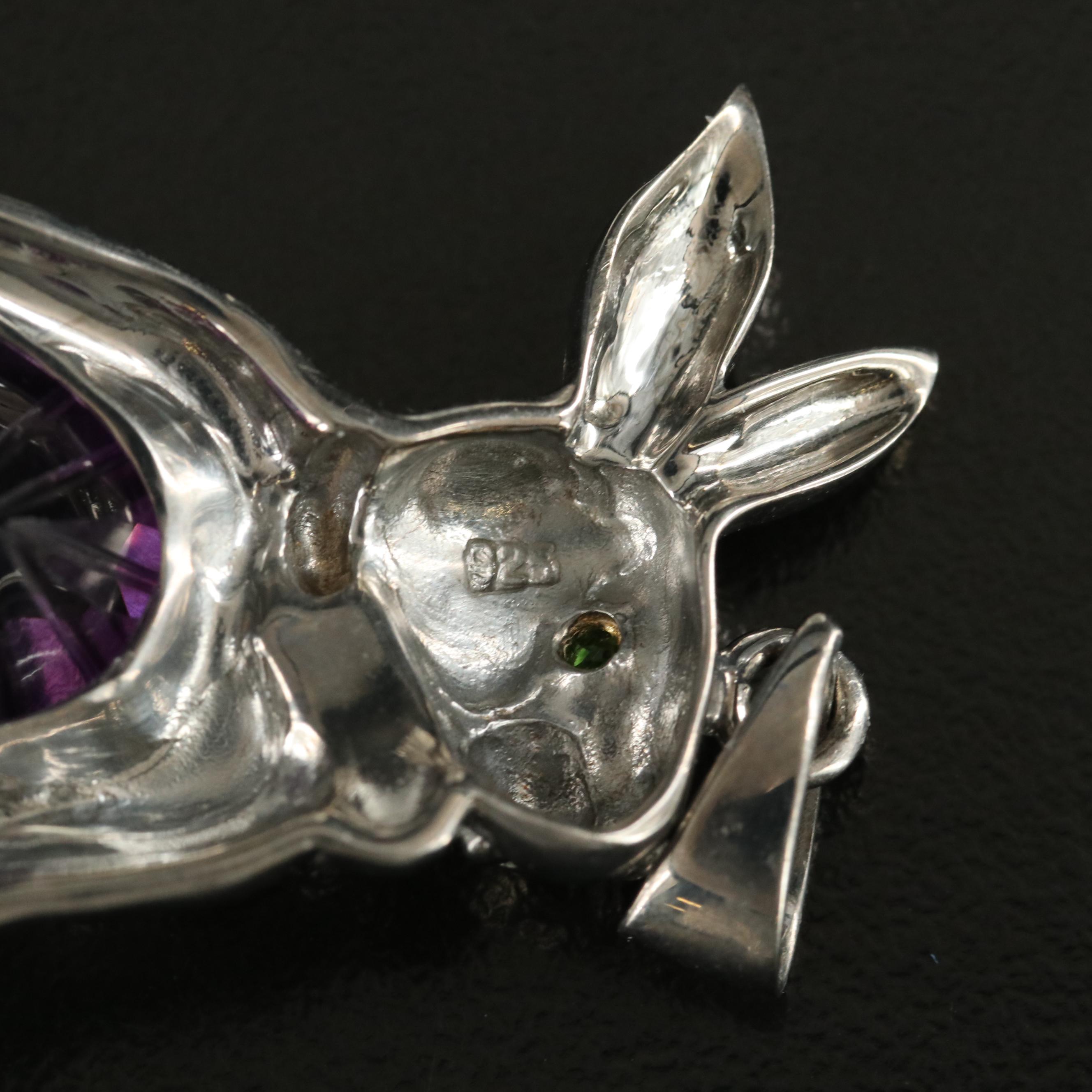 Sterling Amethyst, Diopside and Sapphire Rabbit Pendant