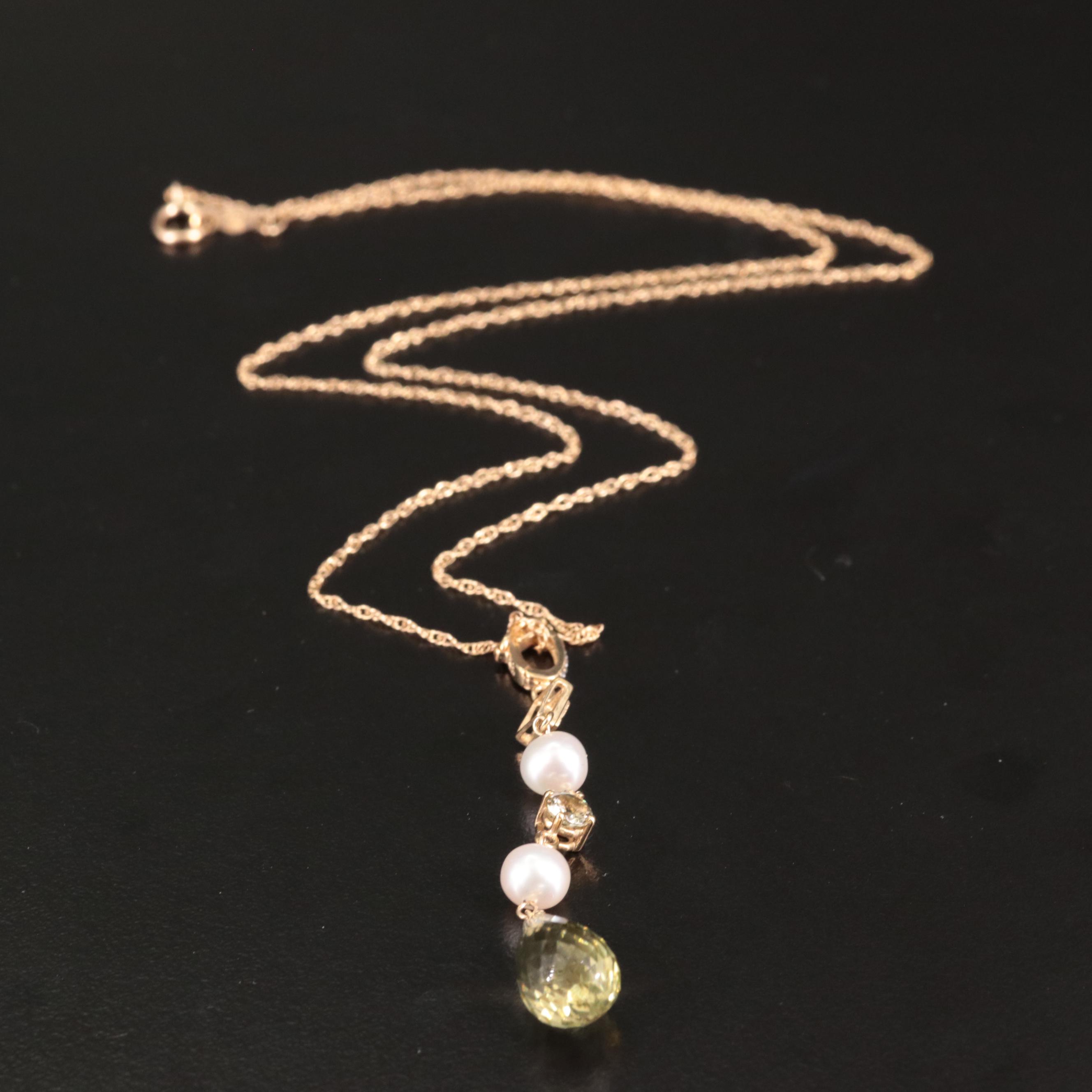 14K Cultured Pearl, Diamond, and Citrine Pendant Necklace