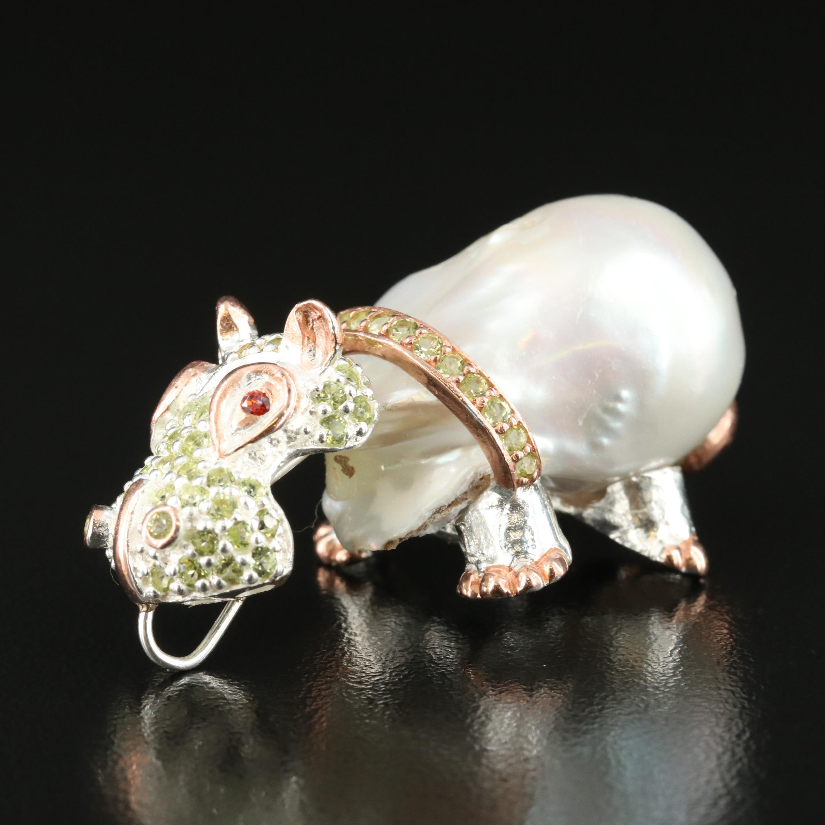 Sterling Pearl, Garnet and Peridot Hippo Pendant