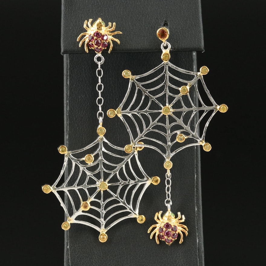Sterling Garnet and Sapphire Spider Web Earrings