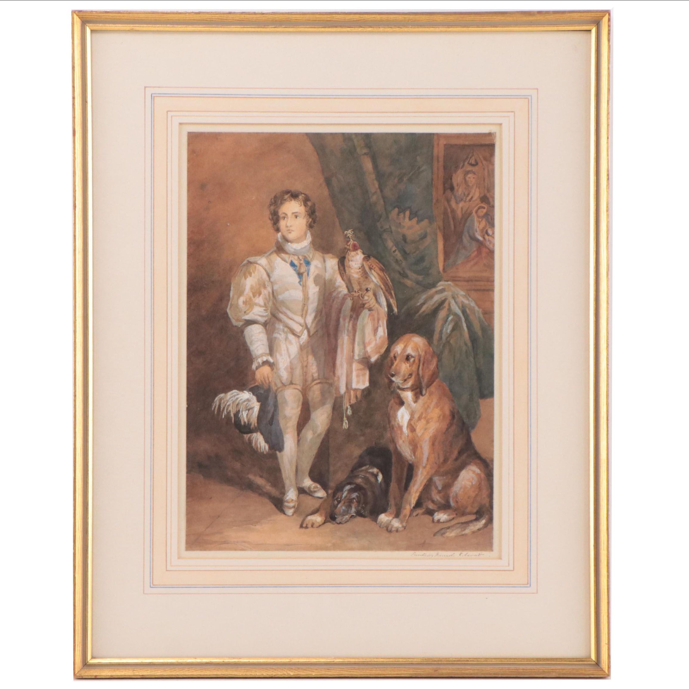 Watercolor Painting After John Frederick Tayler "The Falconer"