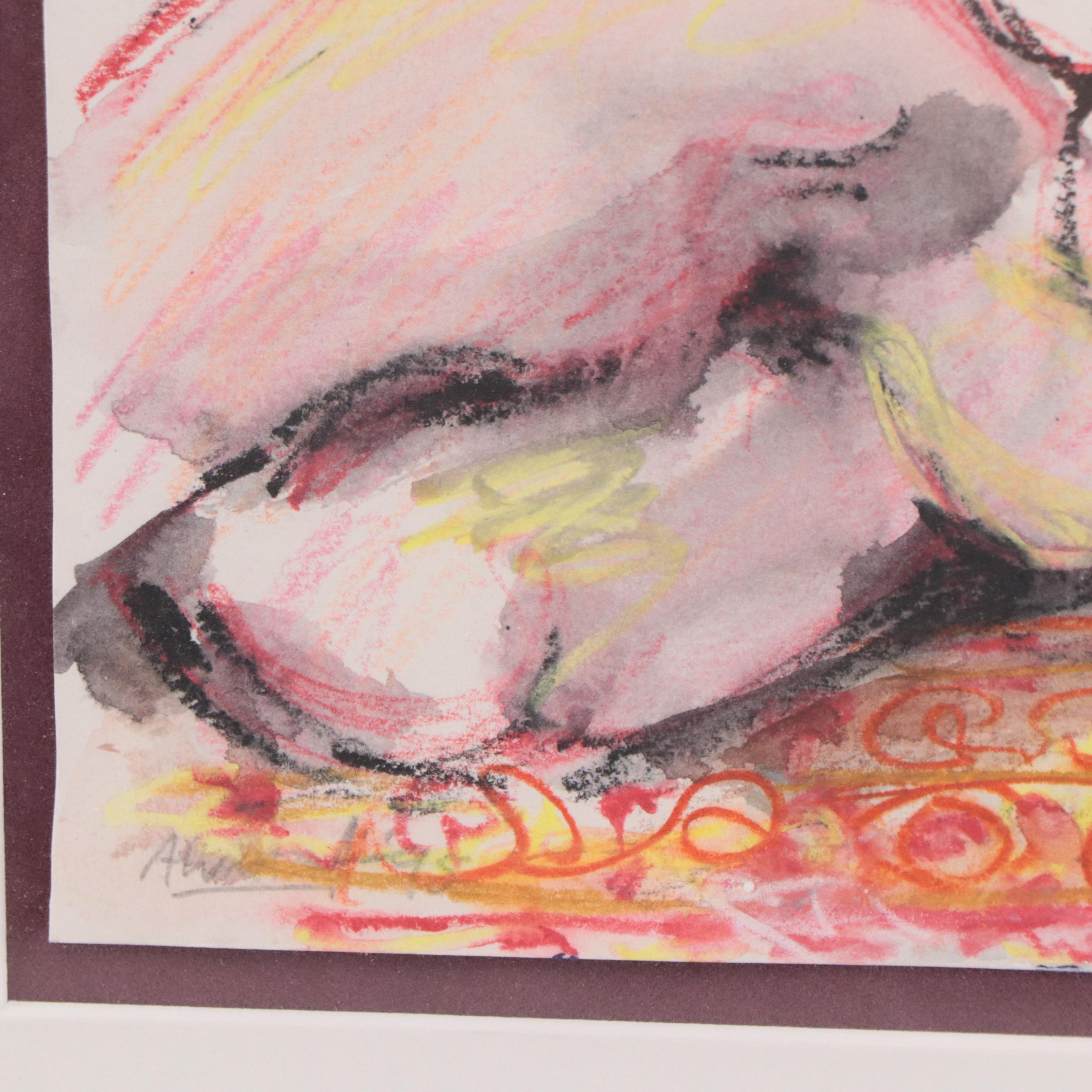 Modernist Style Pastel and Wash Drawing of Reclining Female Nude