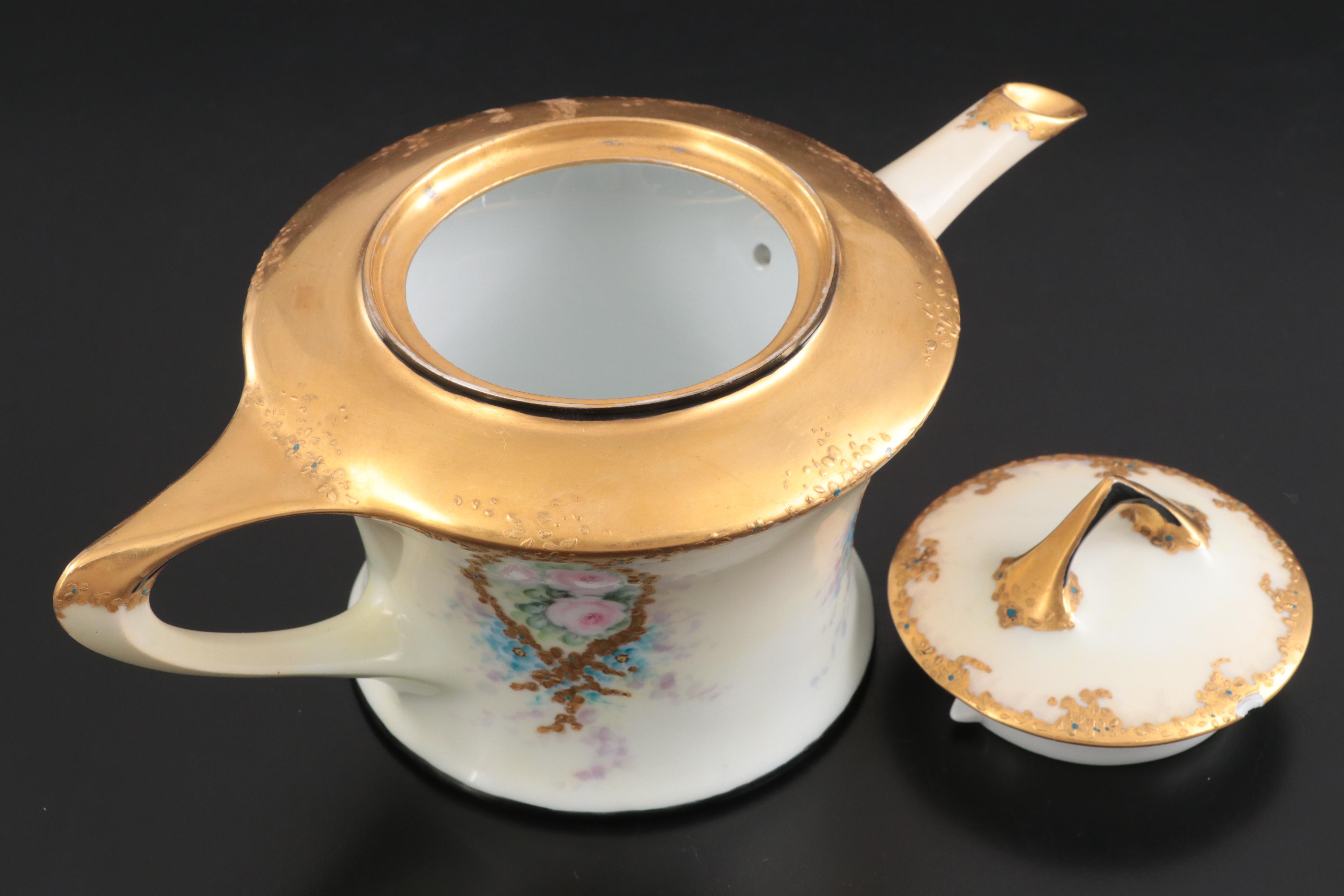Hobbyist Hand-Painted Tea Set on European Porcelain Blanks, Early 20th Century