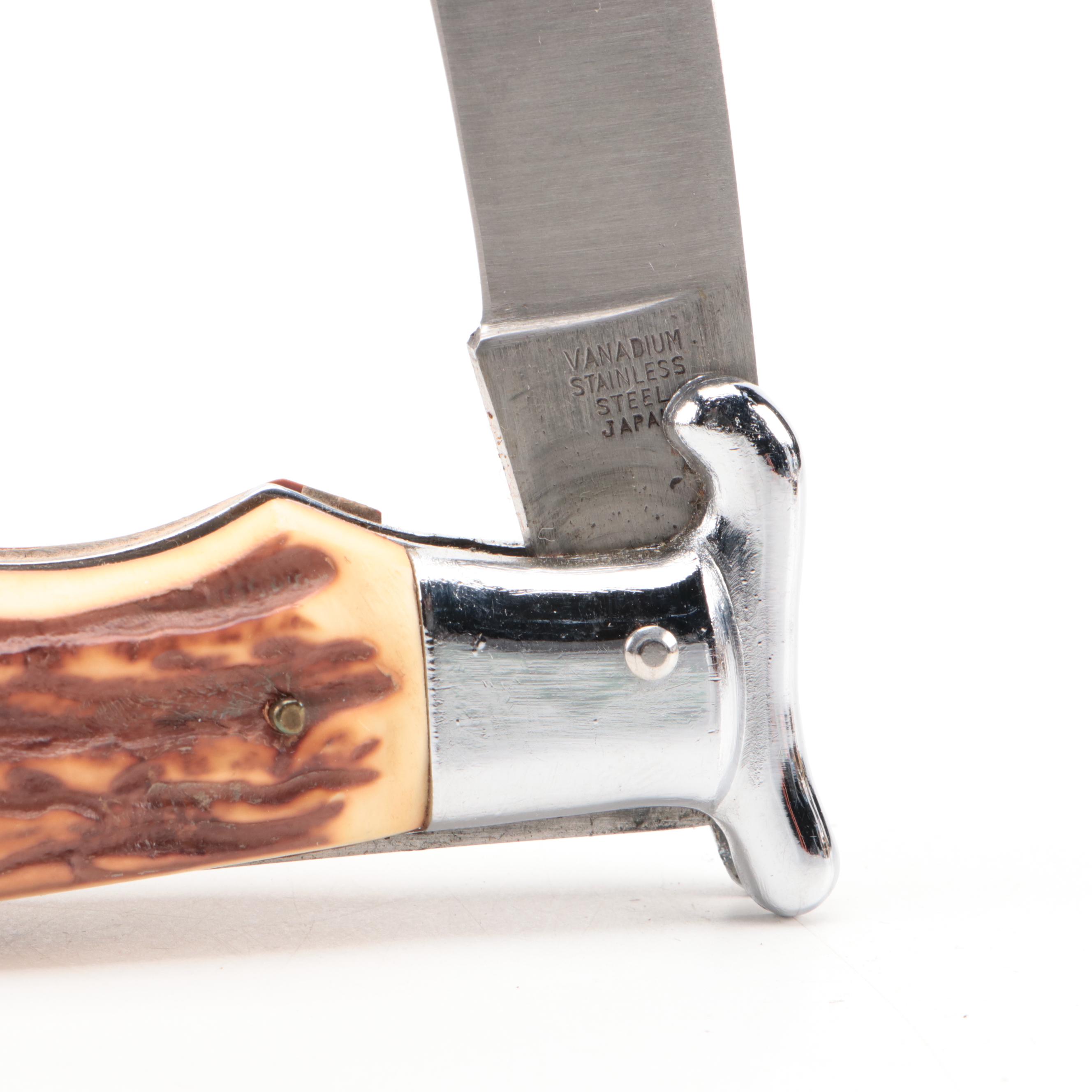 Damascus and Stainless Steel Pocket Knives with Stag Handles