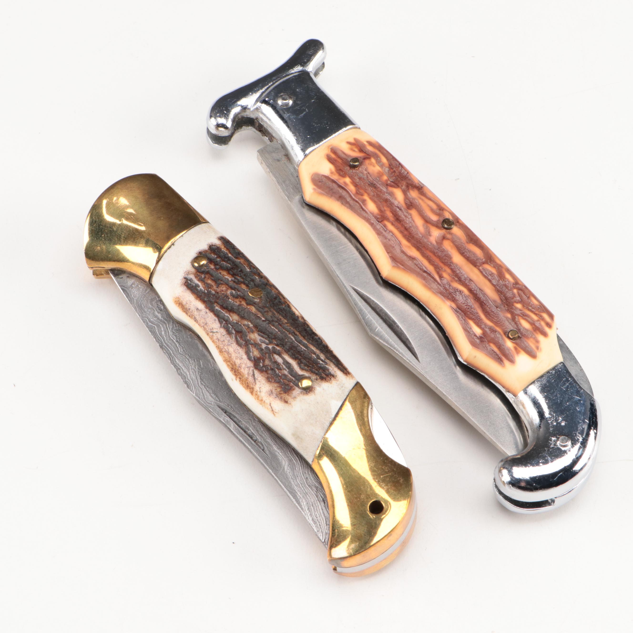 Damascus and Stainless Steel Pocket Knives with Stag Handles